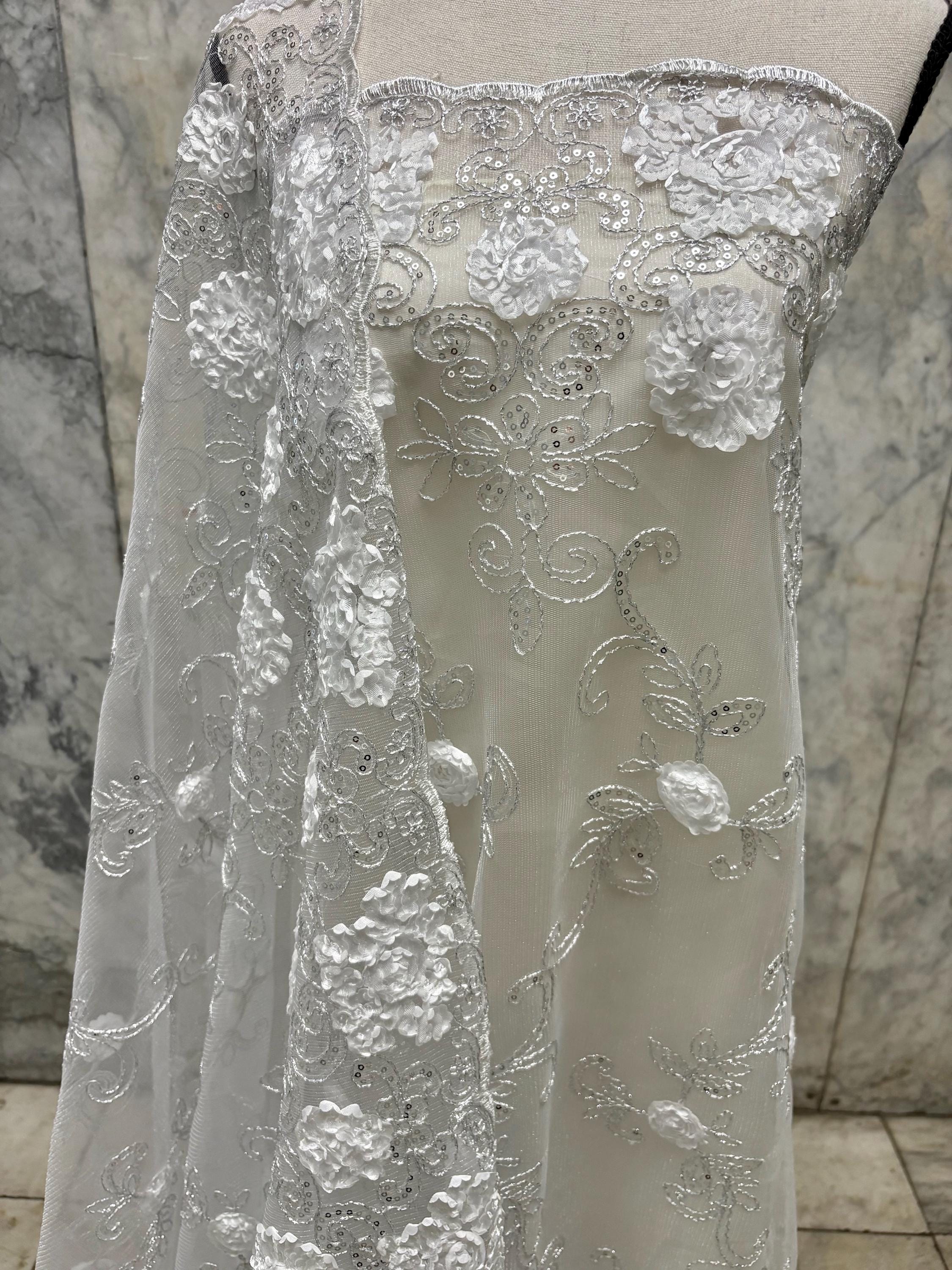 Lace fabric design 600 sell by yard double scalloped embroidery sequins color mint