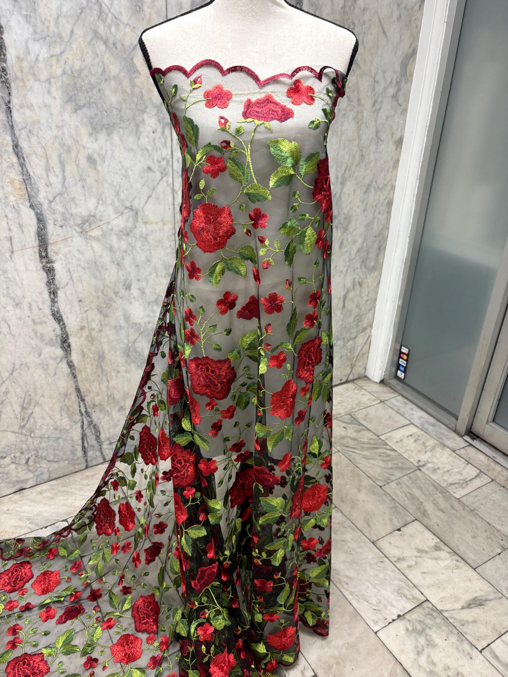 3 yards floral Embroidery Mesh Lace, width 49/50" red rose embroidery on black mesh fabric