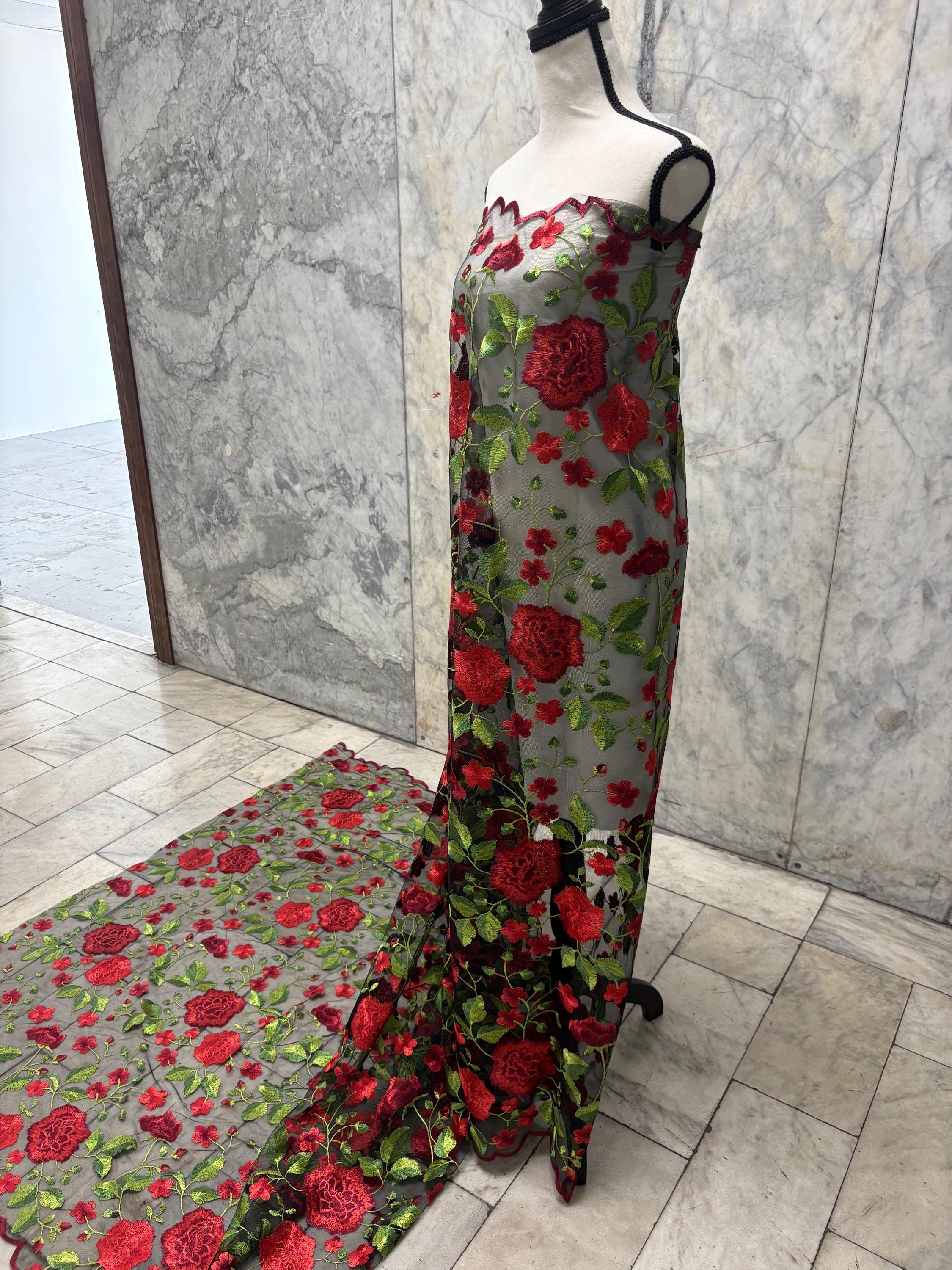 3 yards floral Embroidery Mesh Lace, width 49/50" red rose embroidery on black mesh fabric