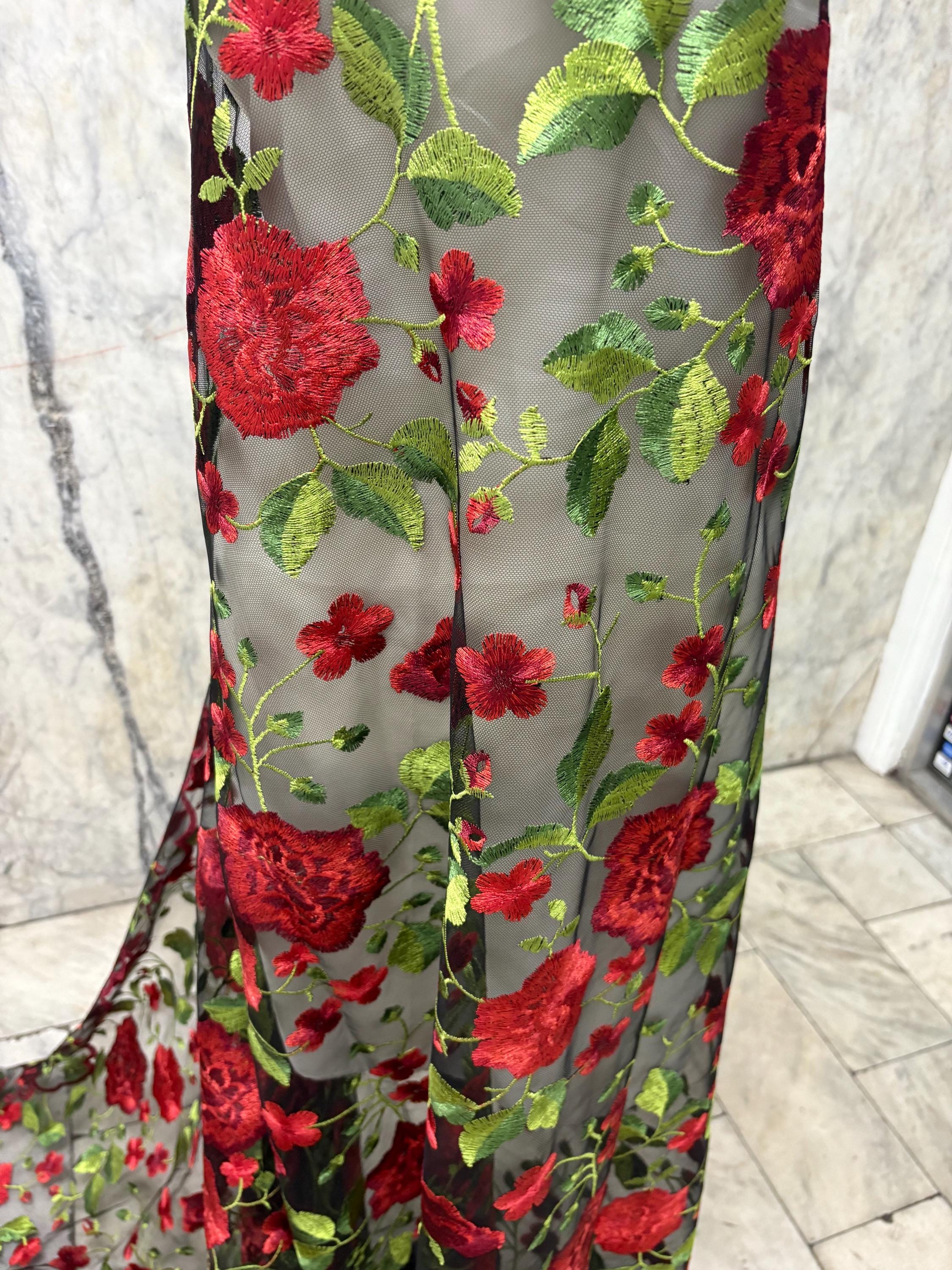 3 yards floral Embroidery Mesh Lace, width 49/50" red rose embroidery on black mesh fabric