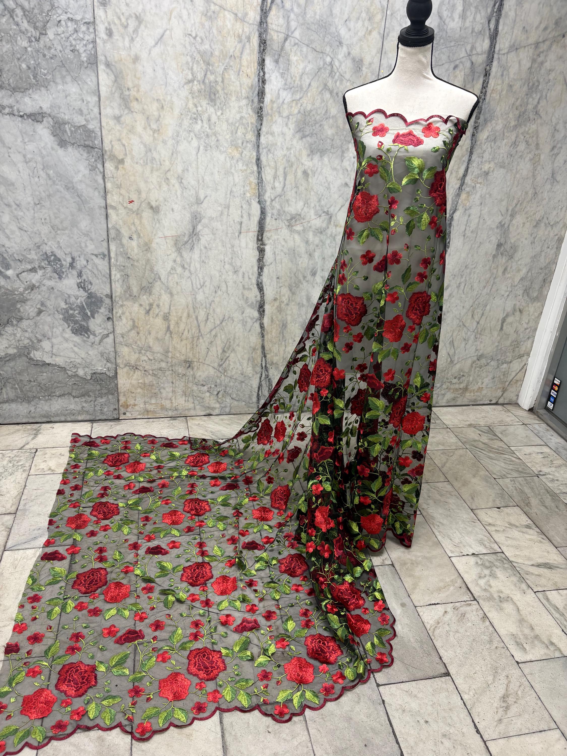 3 yards floral Embroidery Mesh Lace, width 49/50" red rose embroidery on black mesh fabric