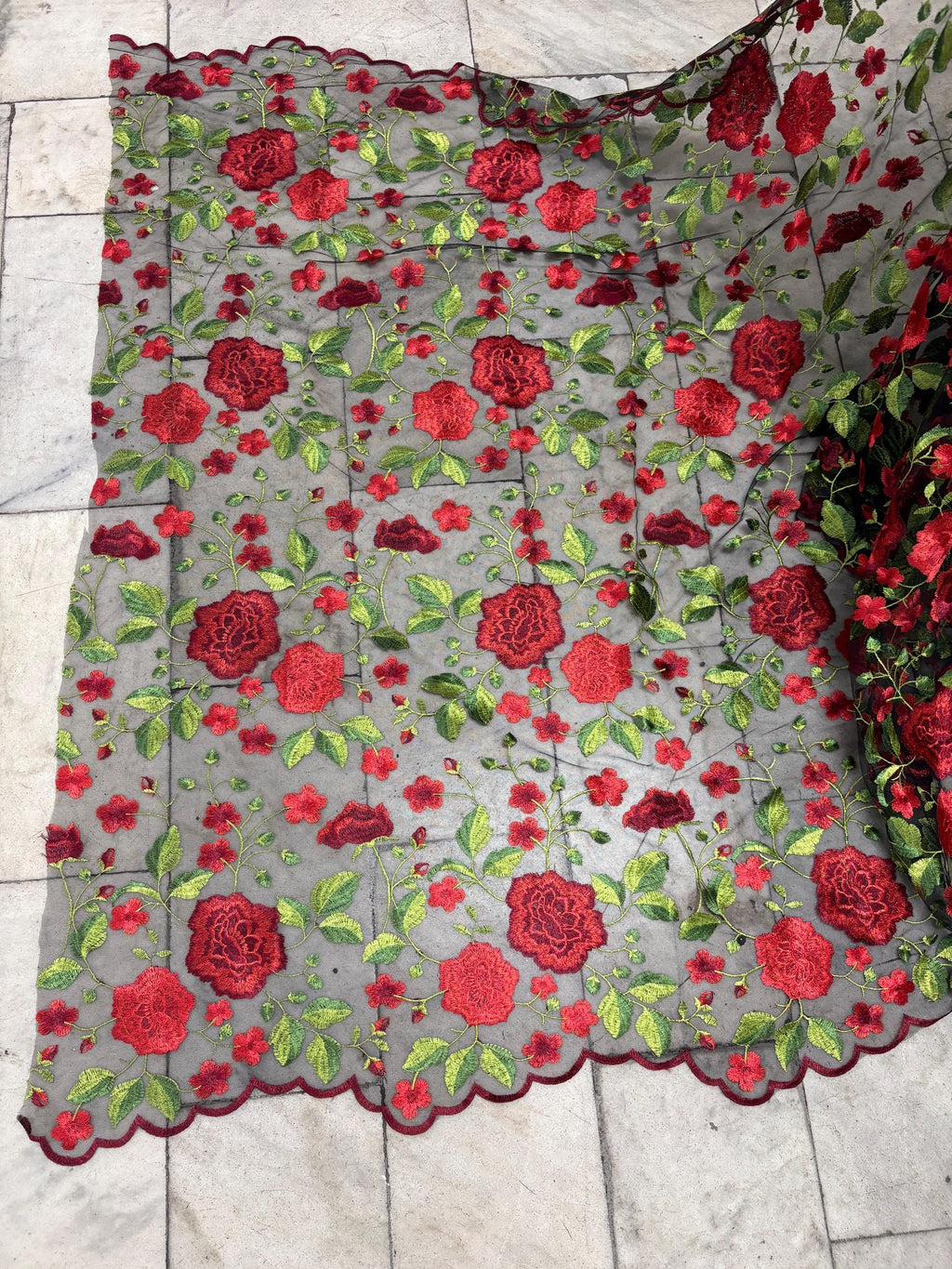 3 yards floral Embroidery Mesh Lace, width 49/50" red rose embroidery on black mesh fabric