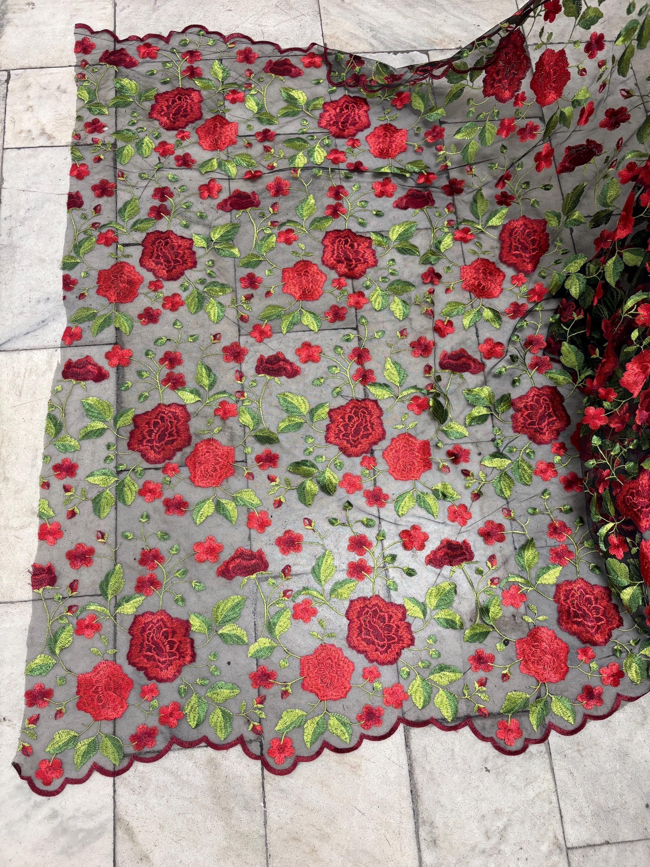 3 yards floral Embroidery Mesh Lace, width 49/50" red rose embroidery on black mesh fabric