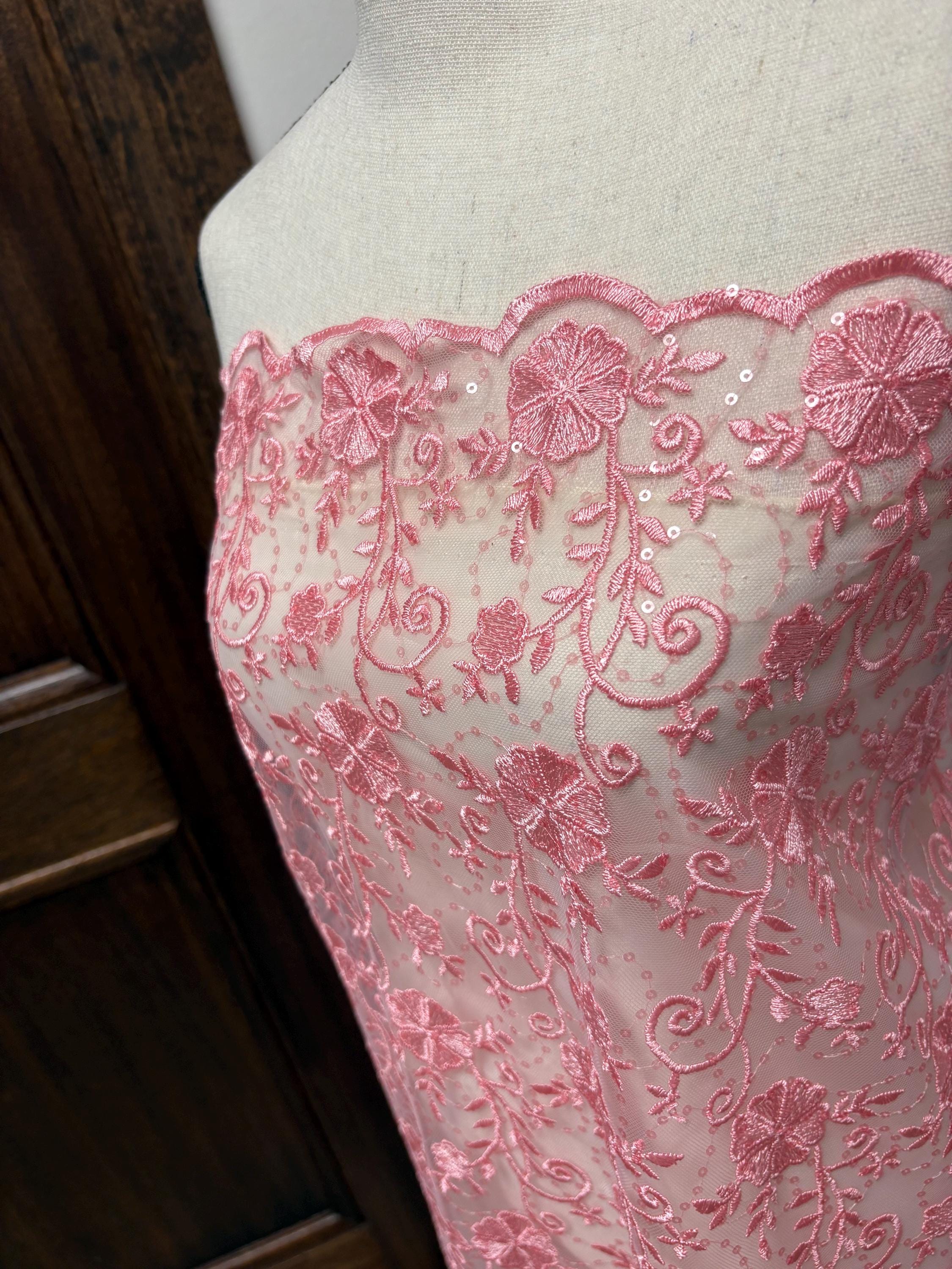 Pink lace fabric double scalloped embroidery sequence width 49". Design 04331279. shop with confidence ask fro free sample.