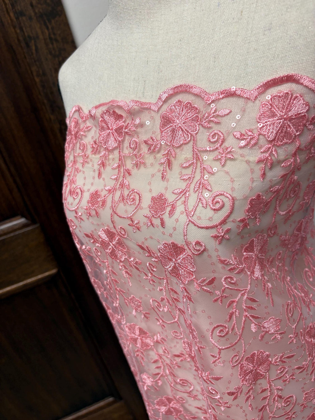 Pink lace fabric double scalloped embroidery sequence width 49". Design 04331279. shop with confidence ask fro free sample.