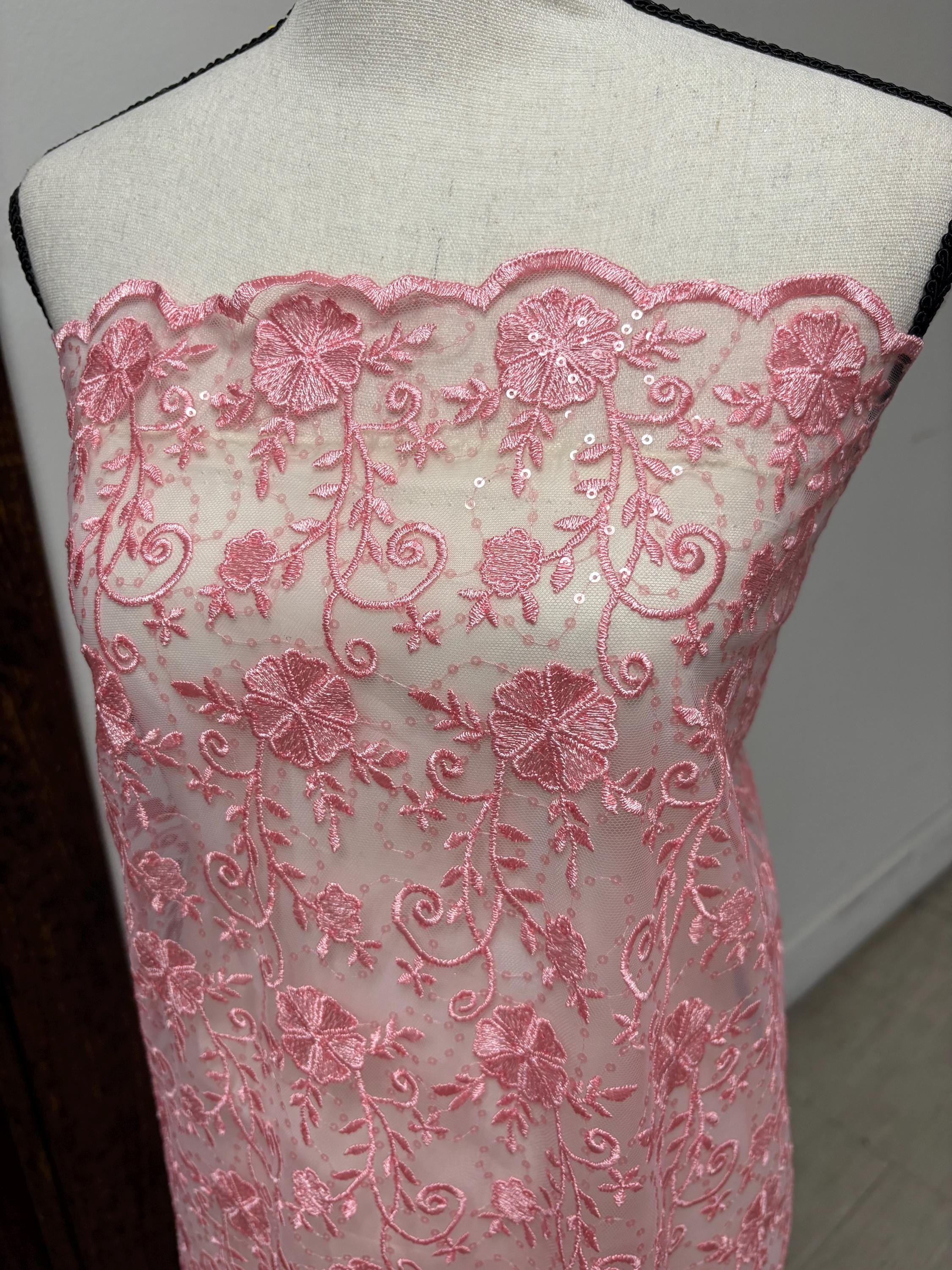 Pink lace fabric double scalloped embroidery sequence width 49". Design 04331279. shop with confidence ask fro free sample.