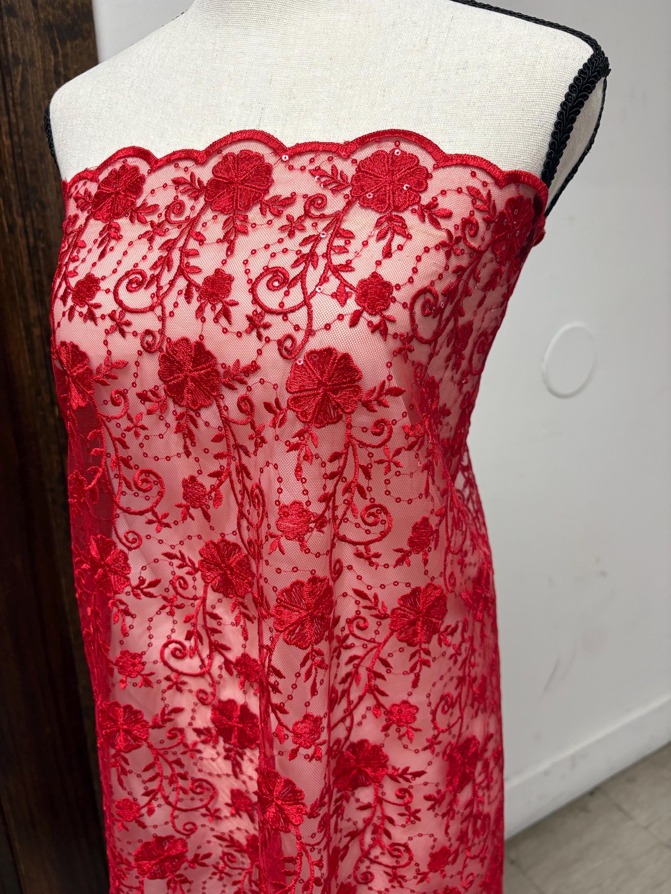 Red lace fabric double scalloped embroidery sequence width 49". Design 04331279. shop with confidence ask fro free sample.