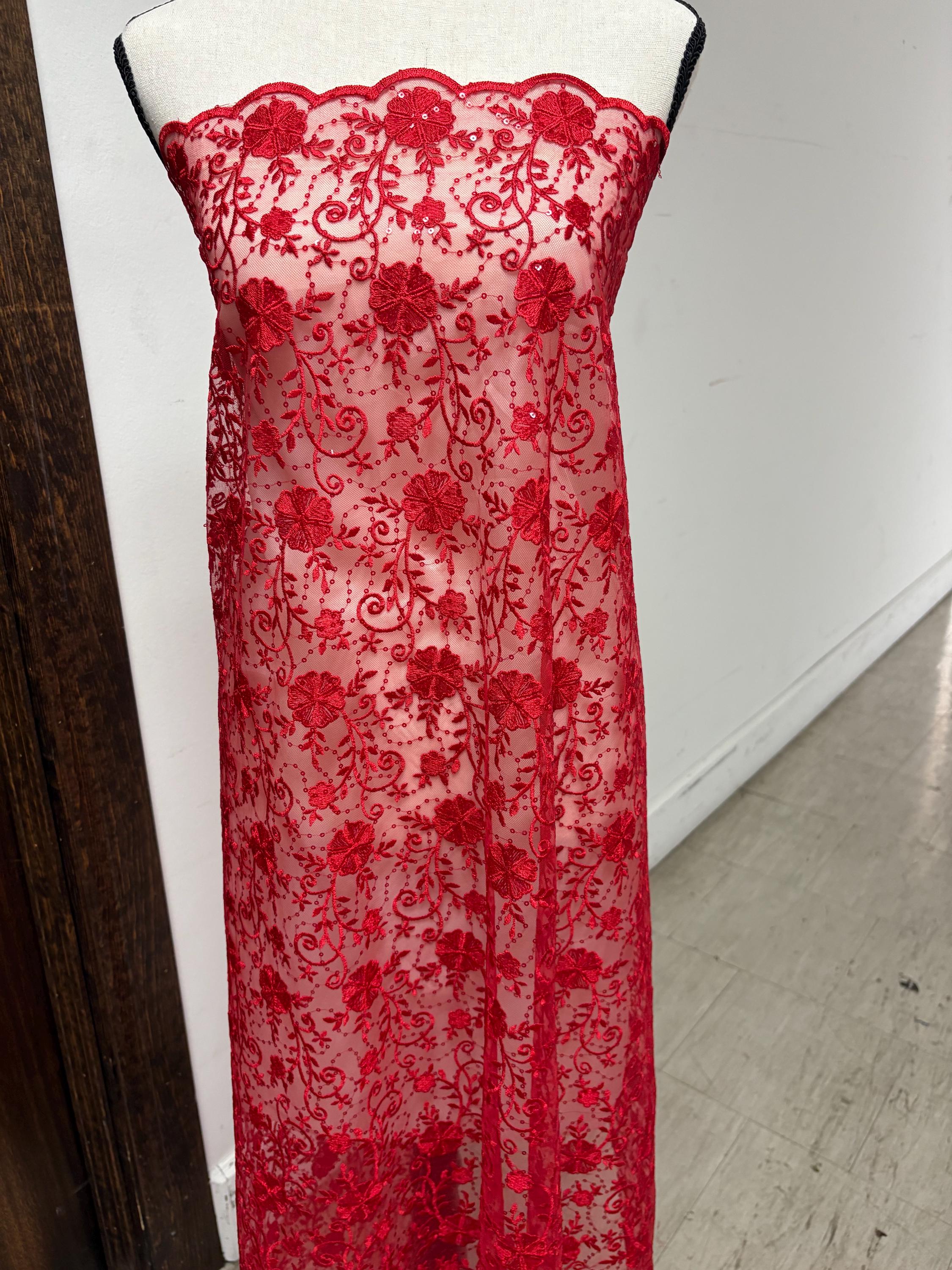Red lace fabric double scalloped embroidery sequence width 49". Design 04331279. shop with confidence ask fro free sample.