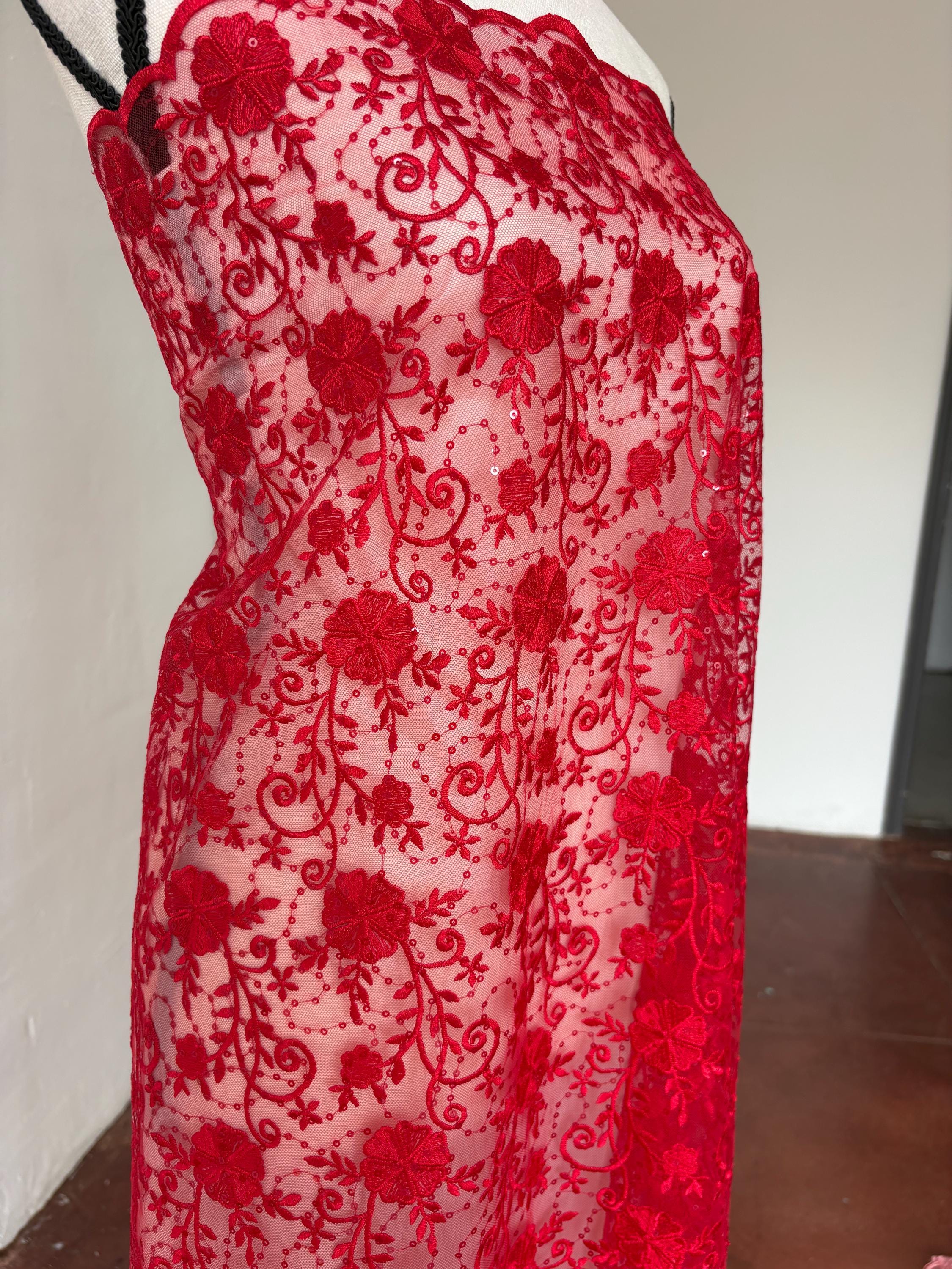 Red lace fabric double scalloped embroidery sequence width 49". Design 04331279. shop with confidence ask fro free sample.