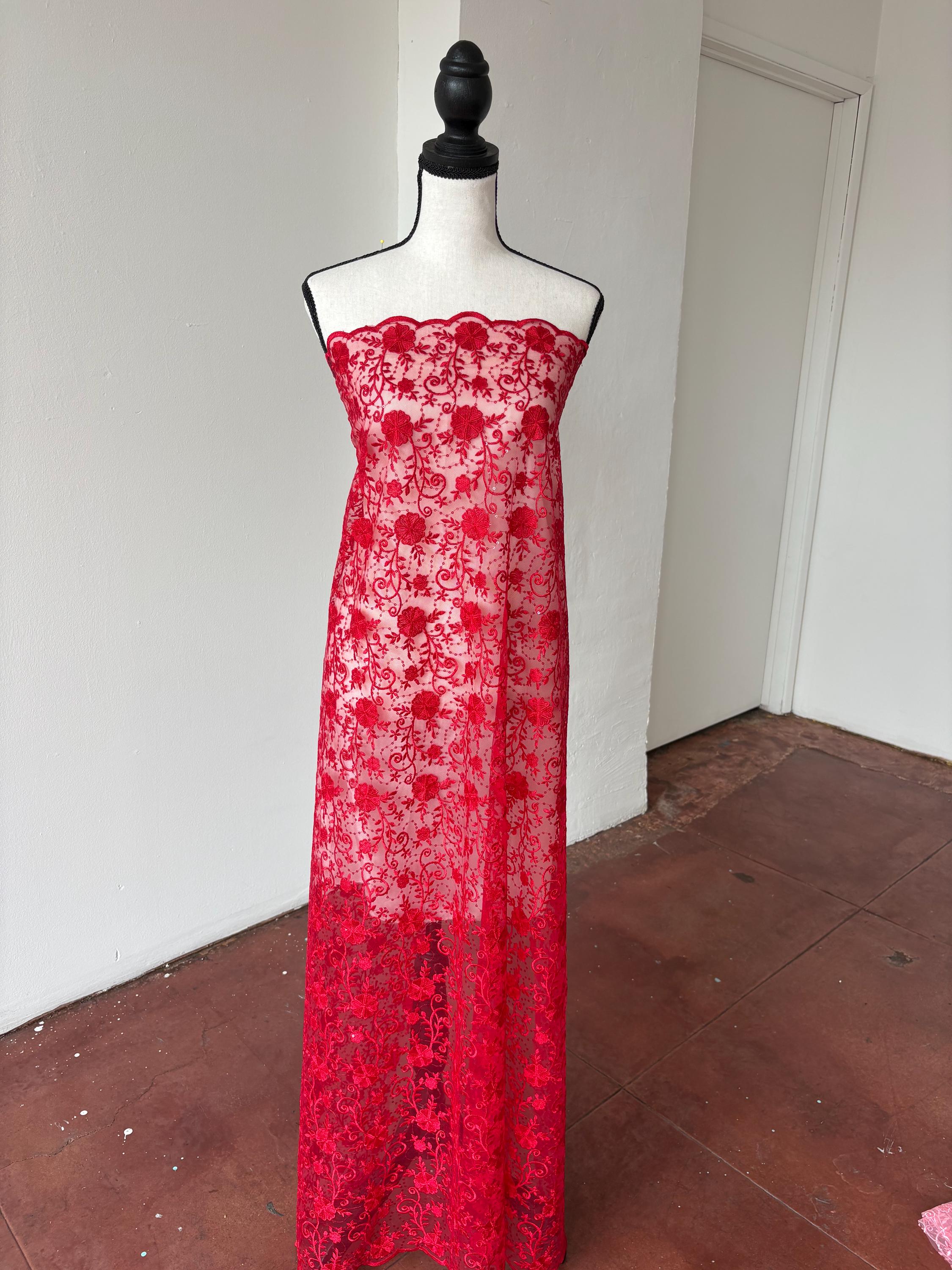 Red lace fabric double scalloped embroidery sequence width 49". Design 04331279. shop with confidence ask fro free sample.