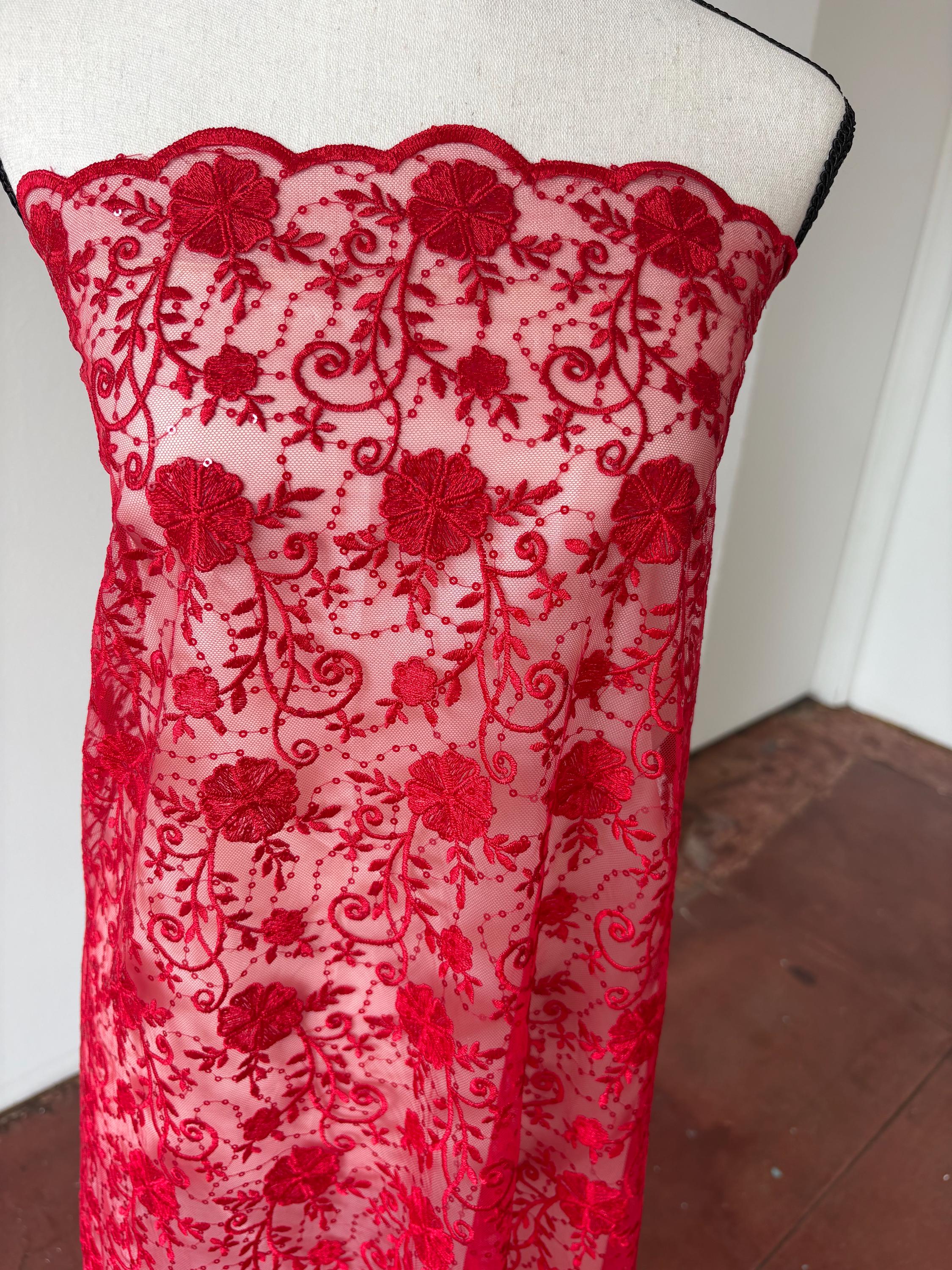 Red lace fabric double scalloped embroidery sequence width 49". Design 04331279. shop with confidence ask fro free sample.