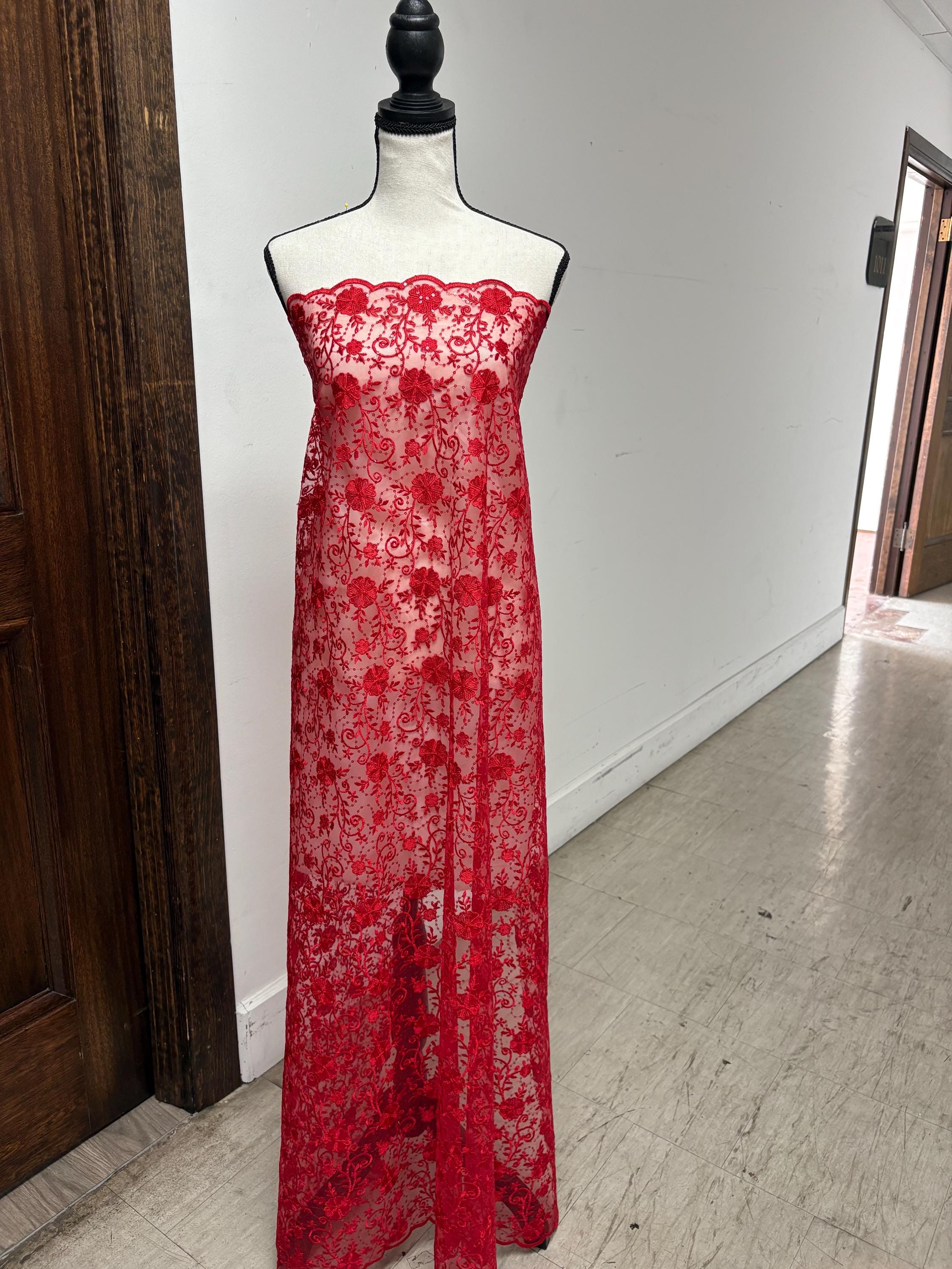Red lace fabric double scalloped embroidery sequence width 49". Design 04331279. shop with confidence ask fro free sample.