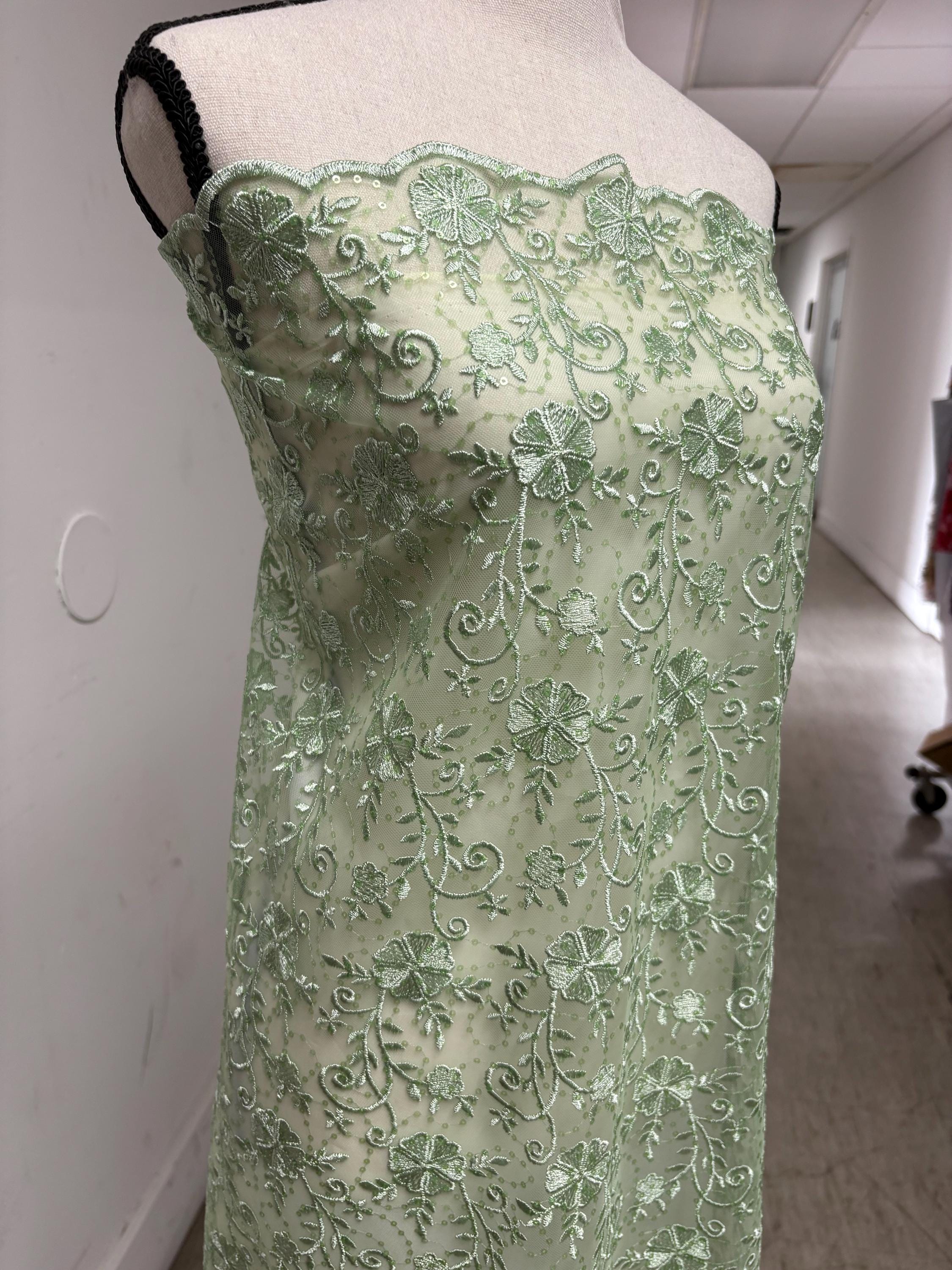 Sage lace fabric double scalloped embroidery sequence width 49". Design 04331279. shop with confidence ask fro free sample.