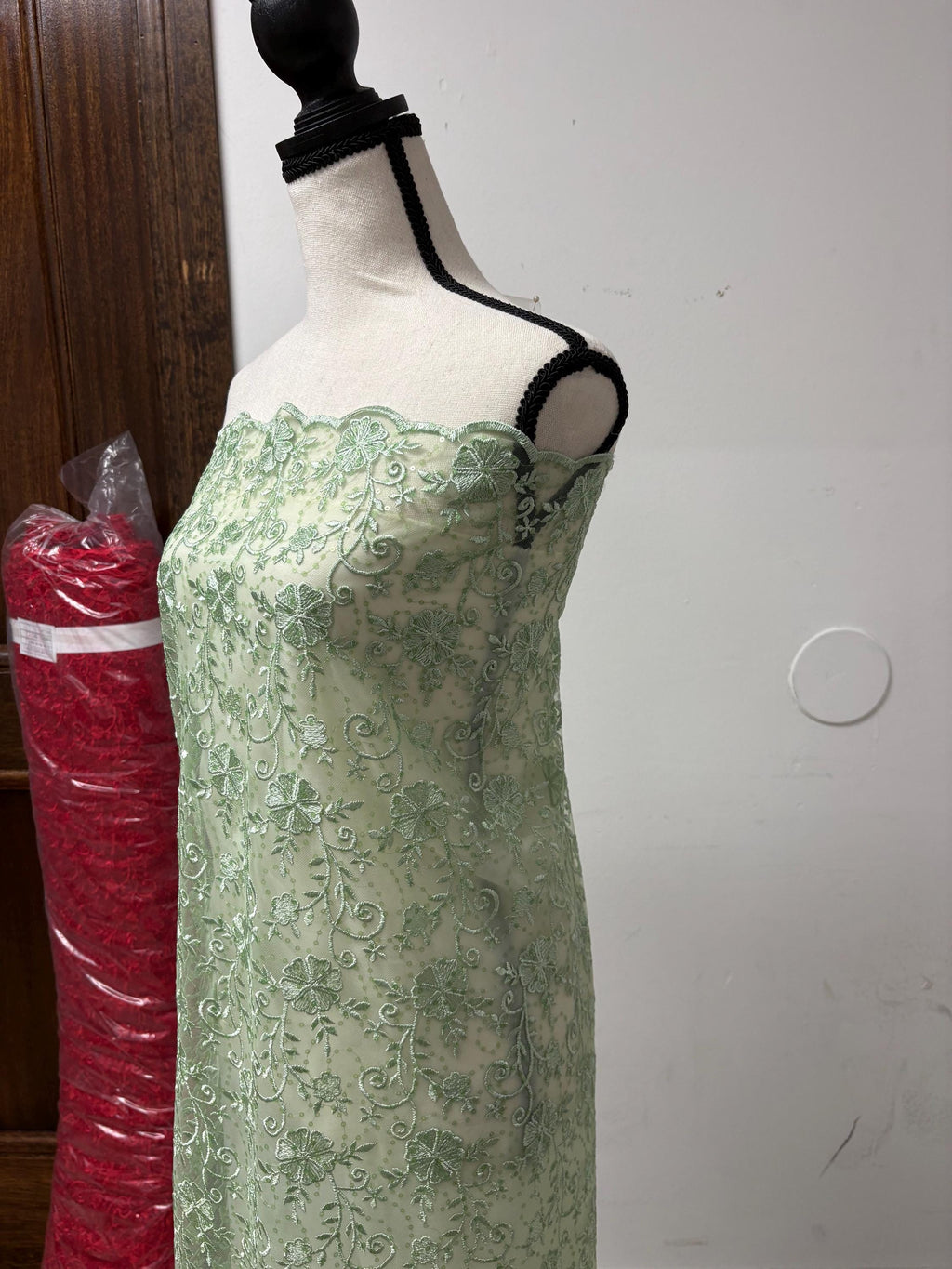 Sage lace fabric double scalloped embroidery sequence width 49". Design 04331279. shop with confidence ask fro free sample.