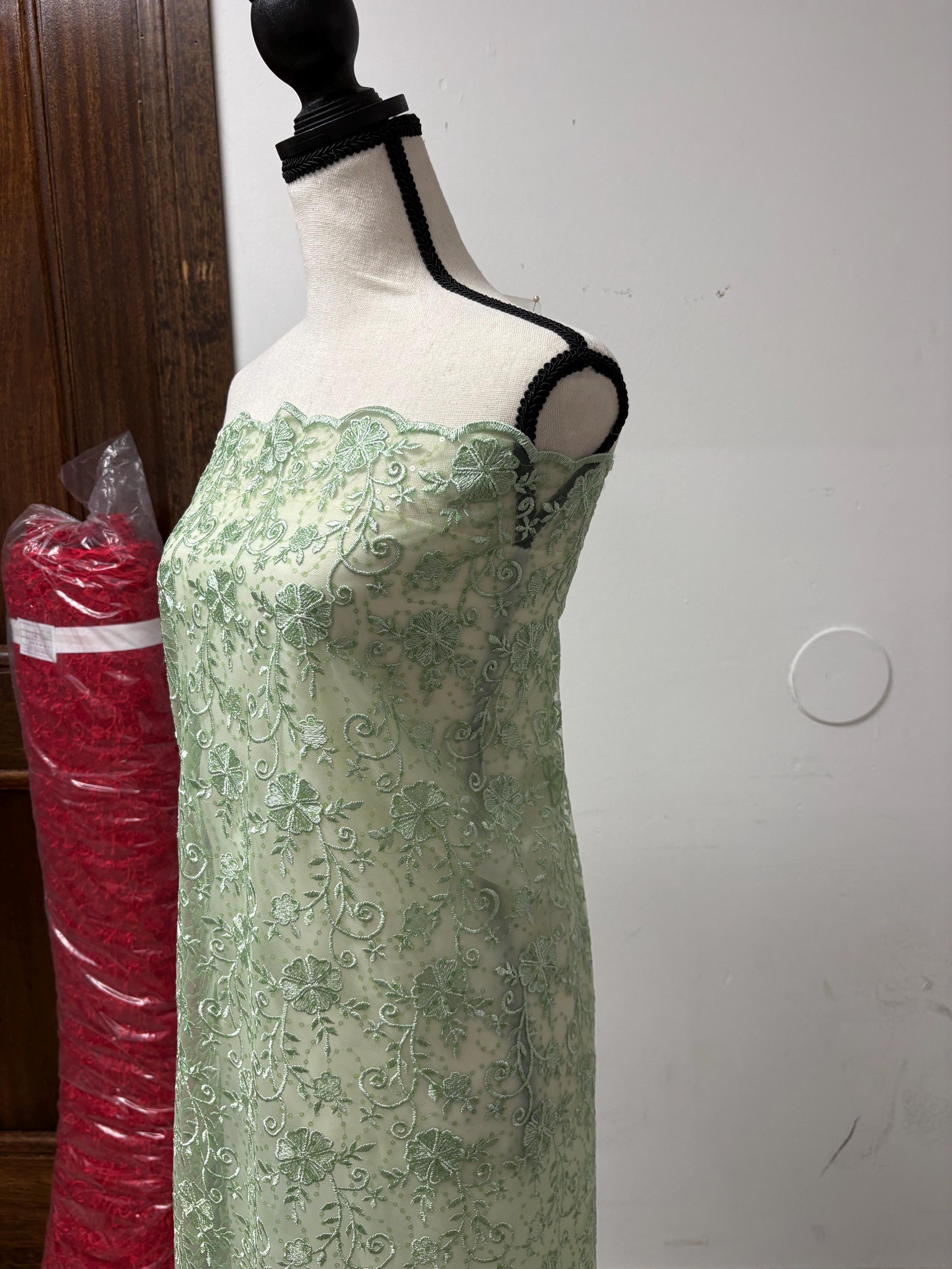 Sage lace fabric double scalloped embroidery sequence width 49". Design 04331279. shop with confidence ask fro free sample.