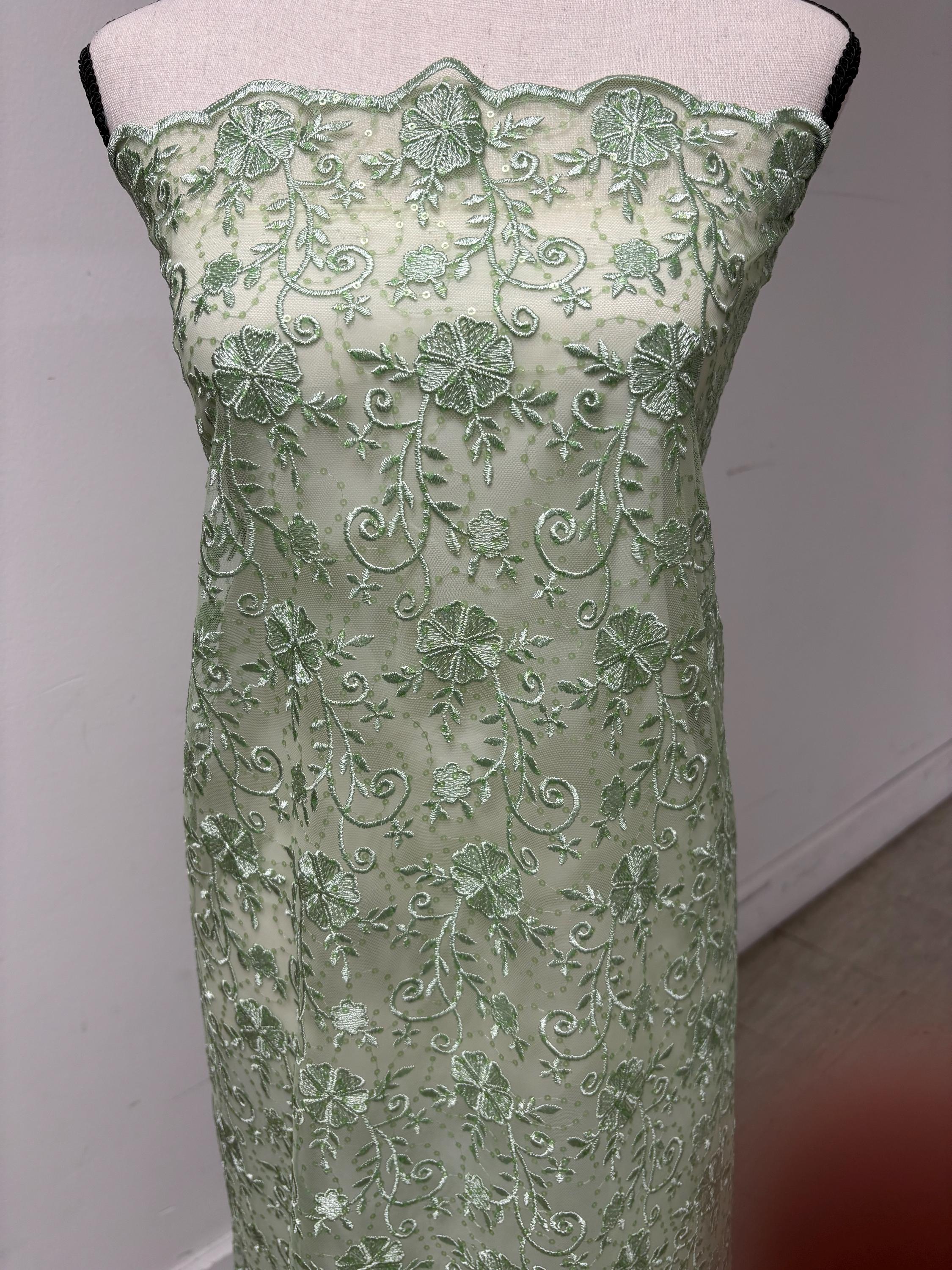 Sage lace fabric double scalloped embroidery sequence width 49". Design 04331279. shop with confidence ask fro free sample.