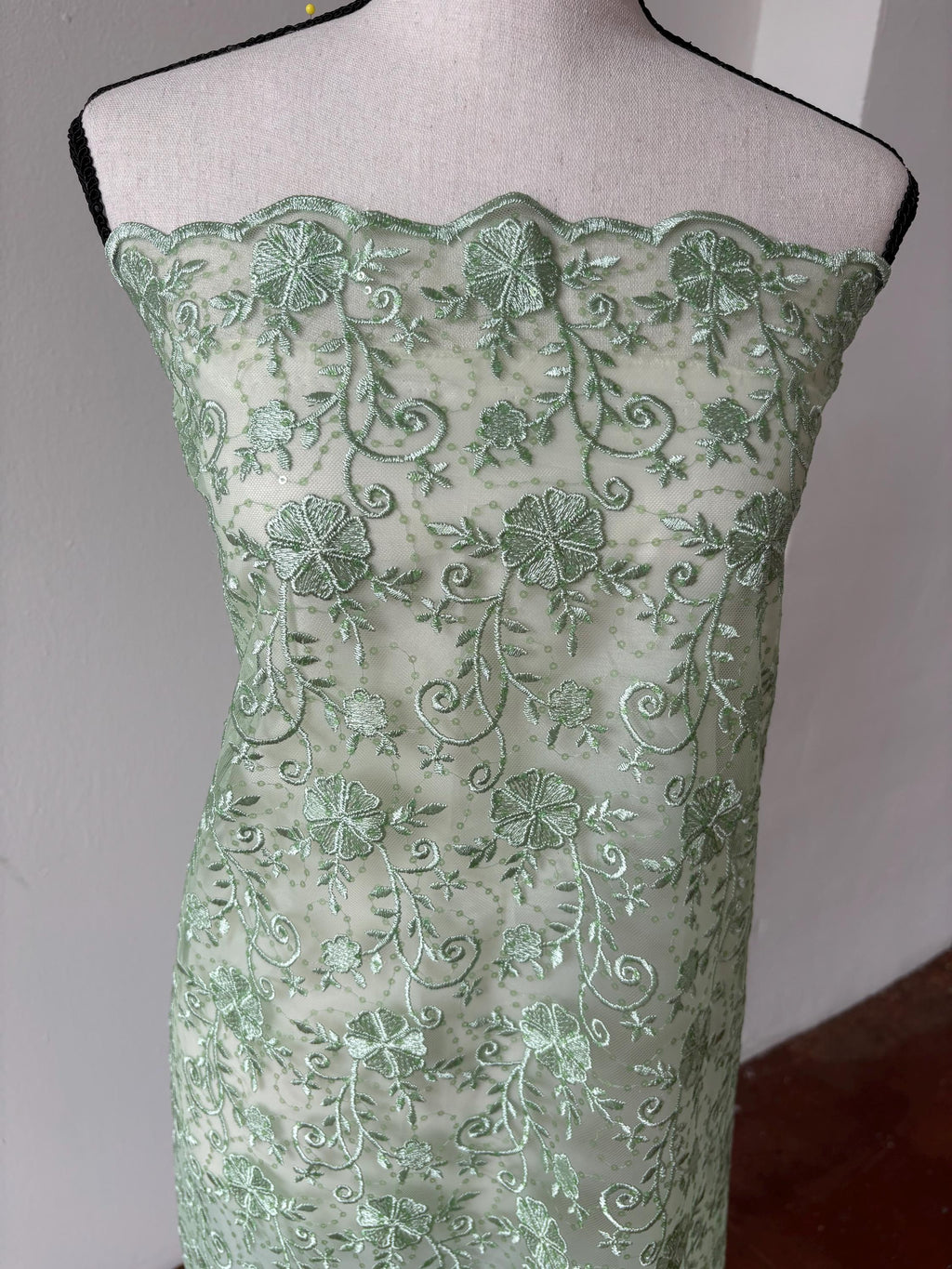 Sage lace fabric double scalloped embroidery sequence width 49". Design 04331279. shop with confidence ask fro free sample.