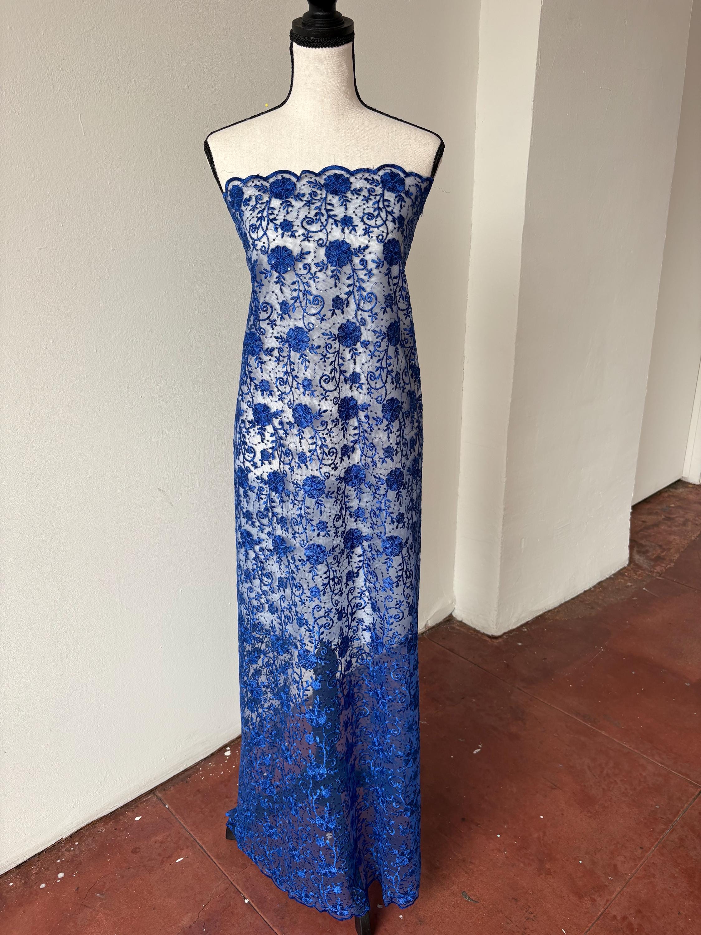 Royal lace fabric double scalloped embroidery sequence width 49". Design 04331279. shop with confidence ask fro free sample.