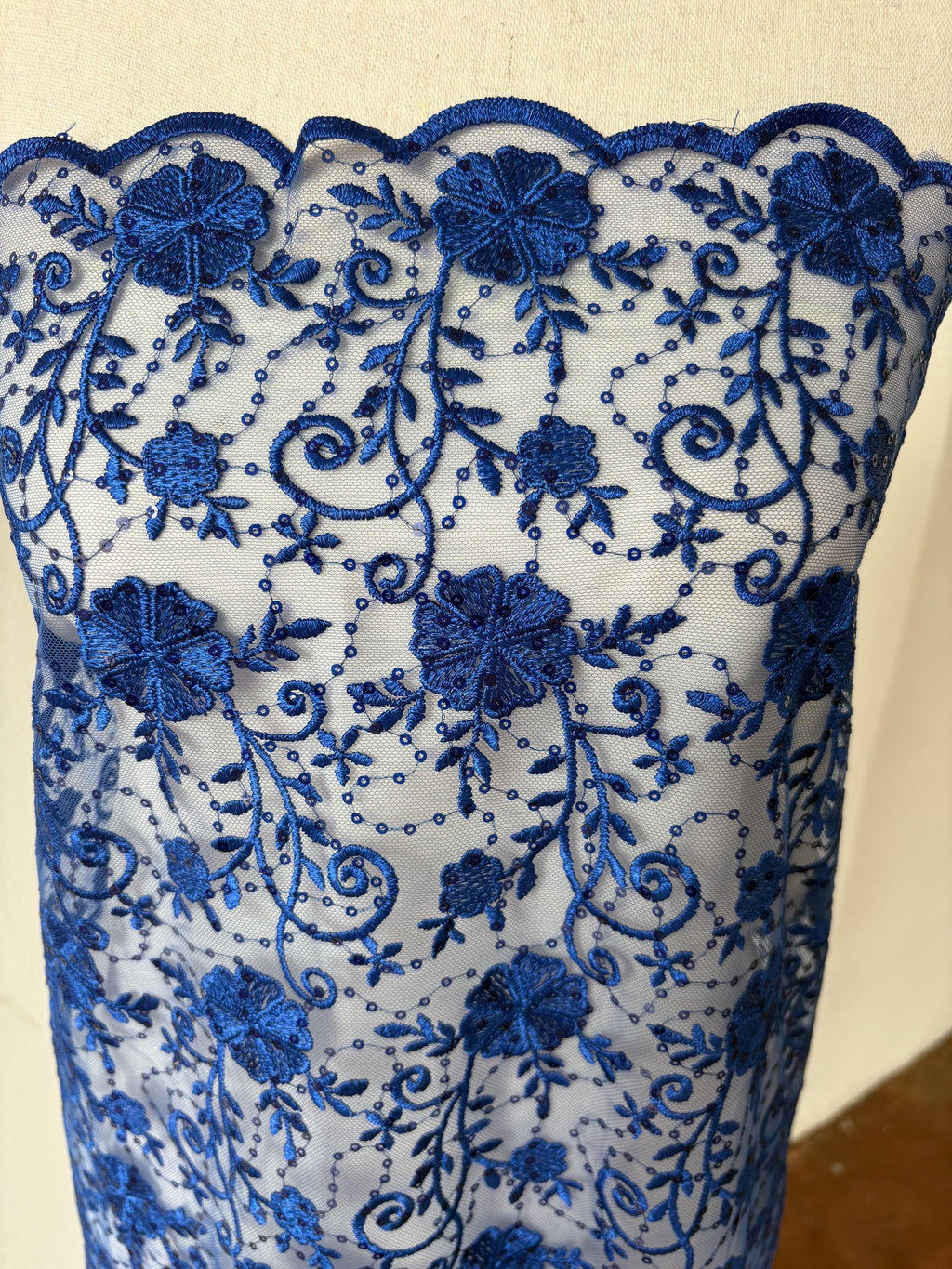 Royal lace fabric double scalloped embroidery sequence width 49". Design 04331279. shop with confidence ask fro free sample.