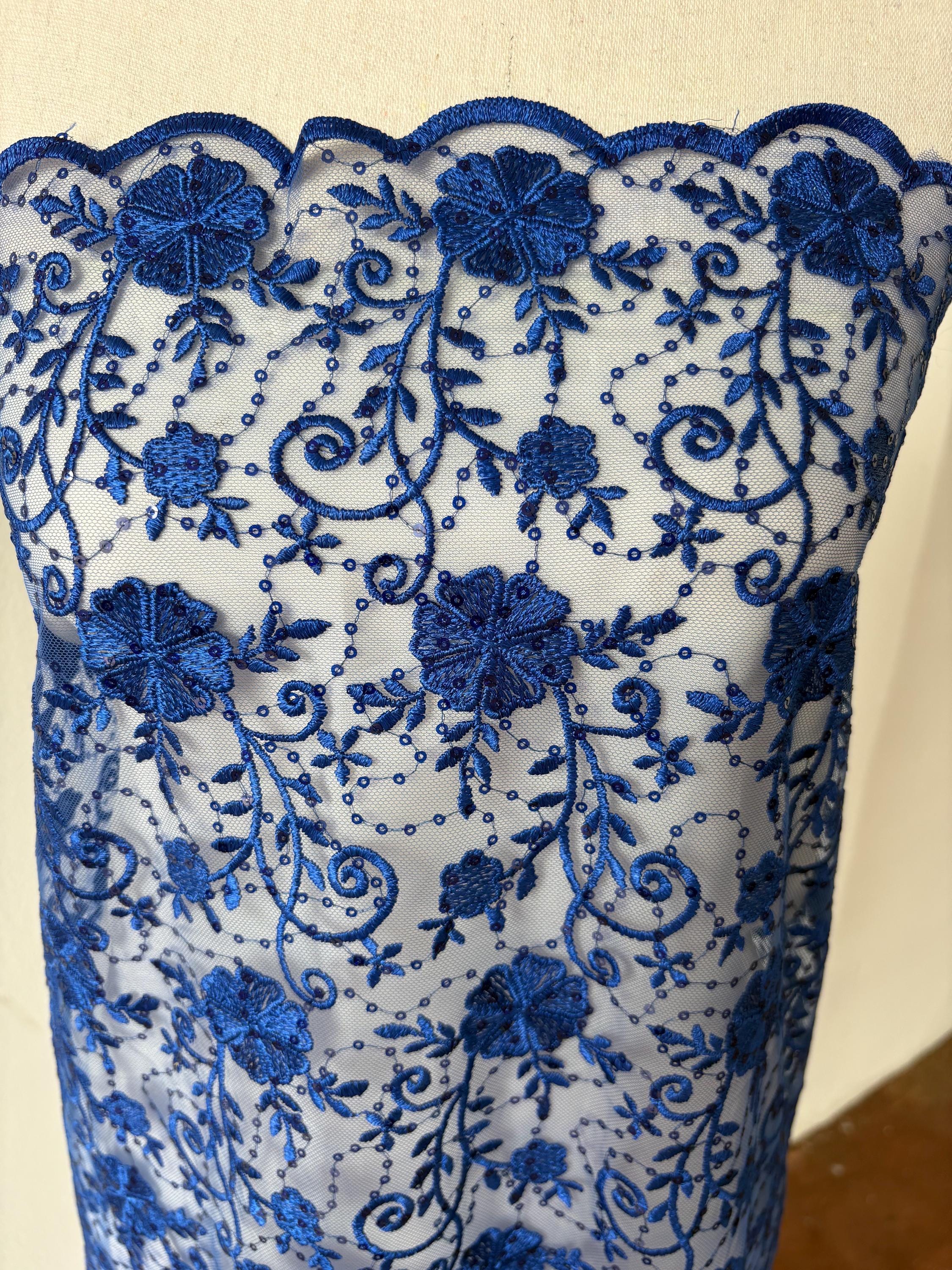 Royal lace fabric double scalloped embroidery sequence width 49". Design 04331279. shop with confidence ask fro free sample.