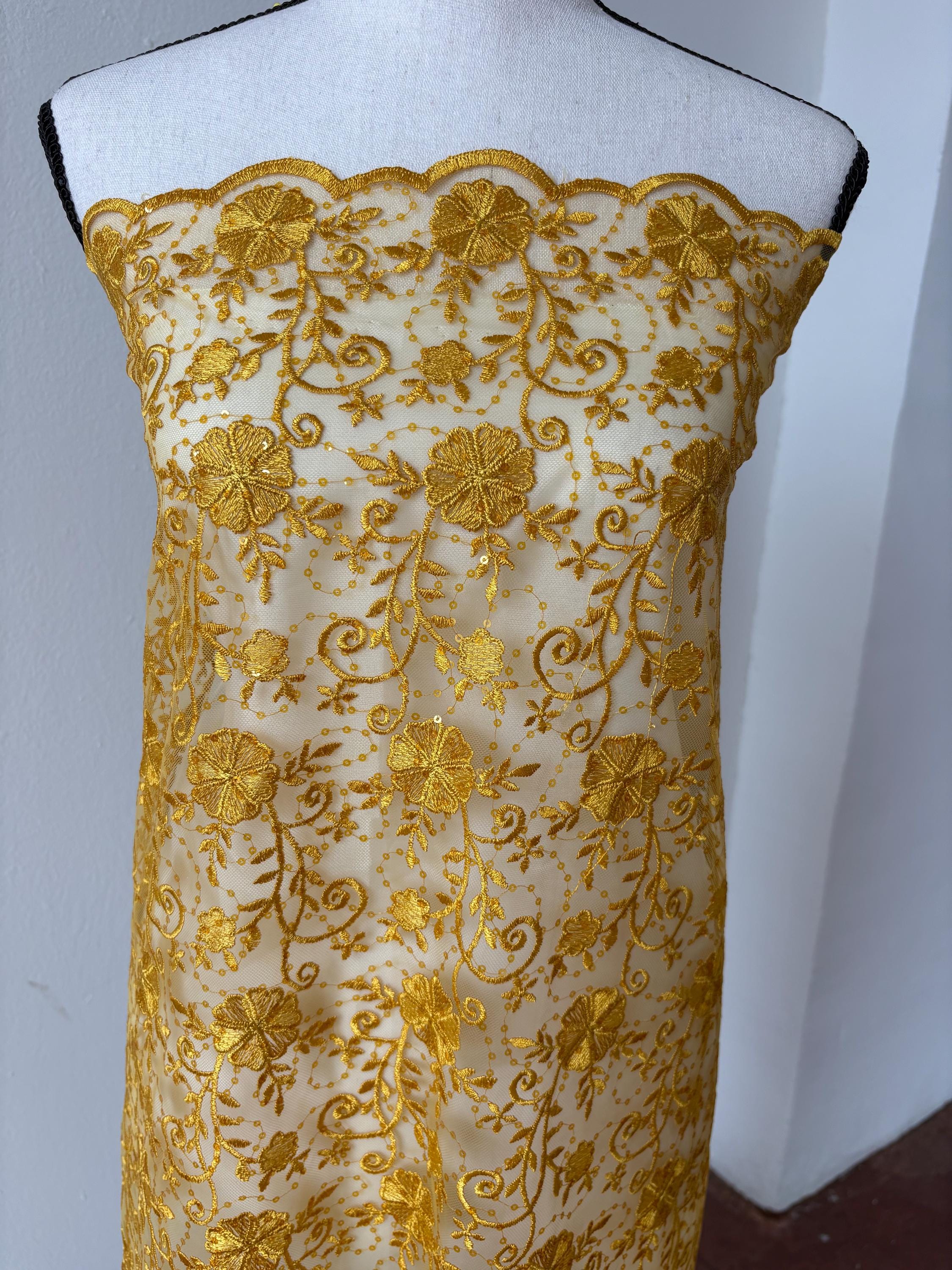 Canary yellow lace fabric double scalloped embroidery sequence width 49". Design 04331279. shop with confidence ask fro free sample.