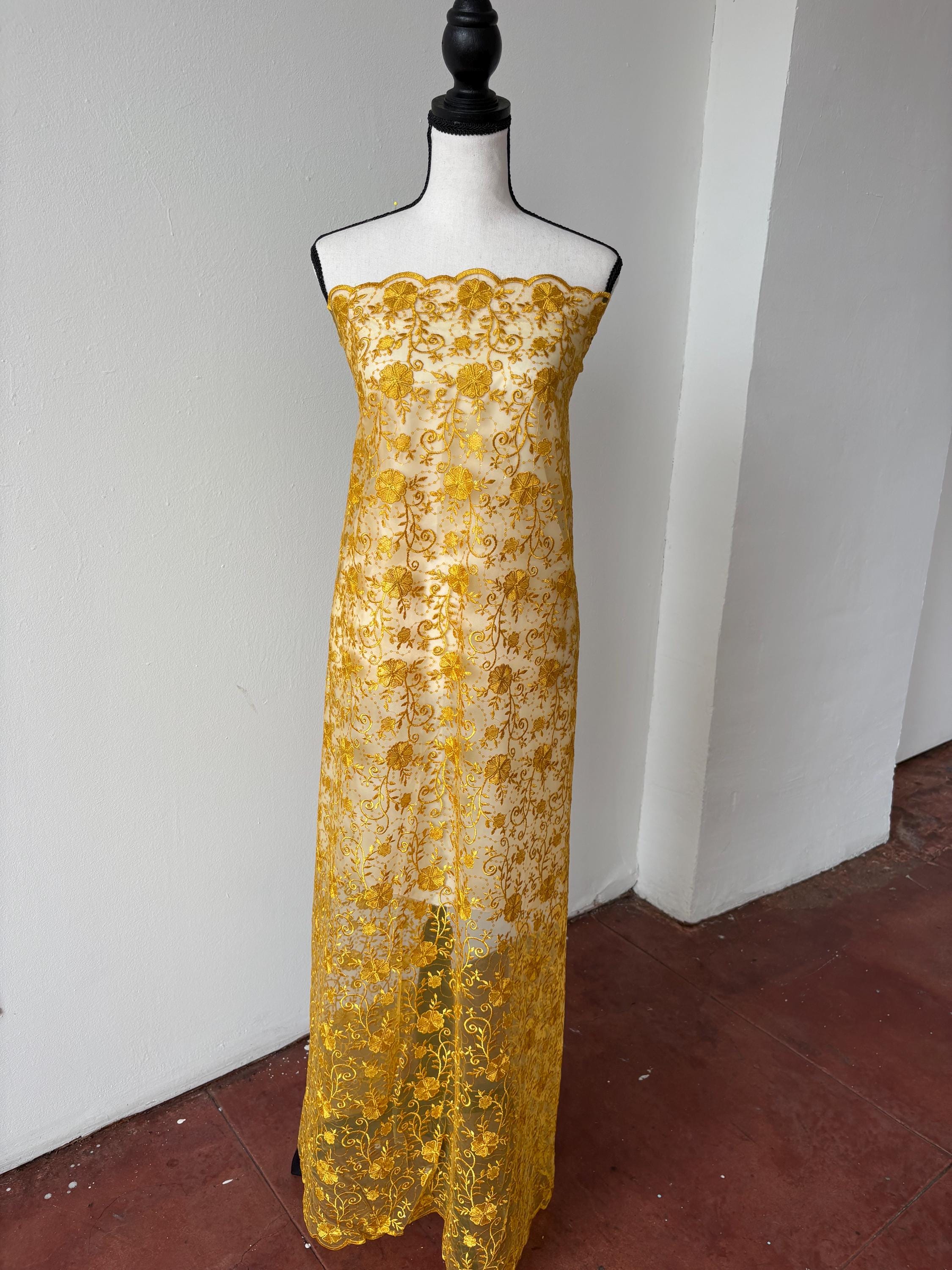 Canary yellow lace fabric double scalloped embroidery sequence width 49". Design 04331279. shop with confidence ask fro free sample.