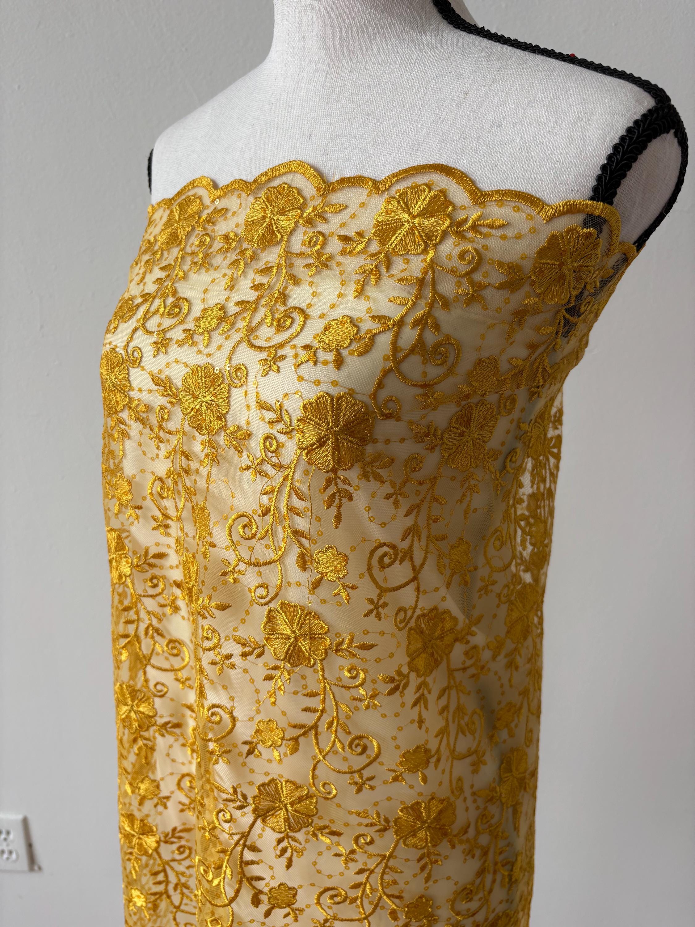 Canary yellow lace fabric double scalloped embroidery sequence width 49". Design 04331279. shop with confidence ask fro free sample.