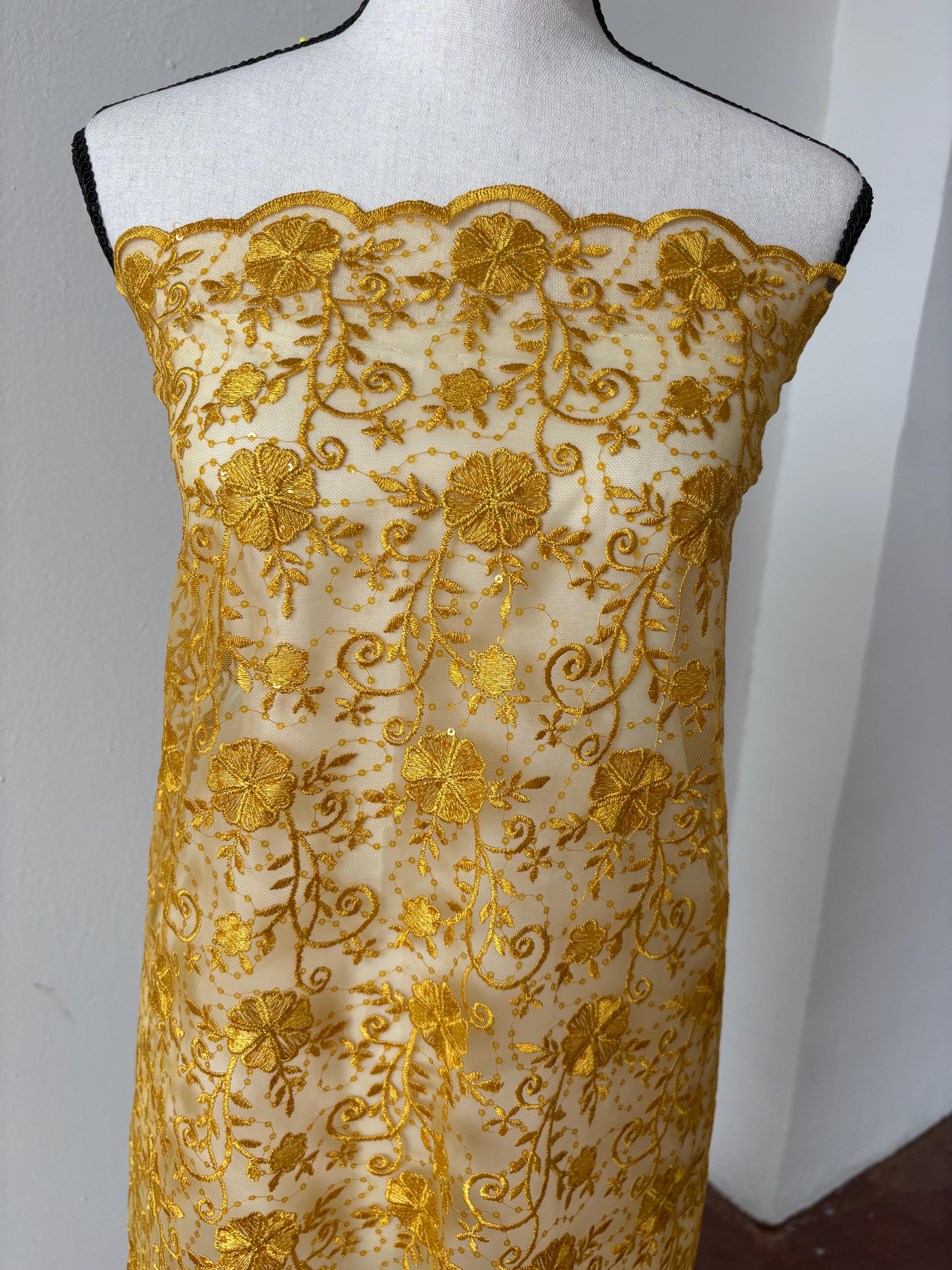 Canary yellow lace fabric double scalloped embroidery sequence width 49". Design 04331279. shop with confidence ask fro free sample.