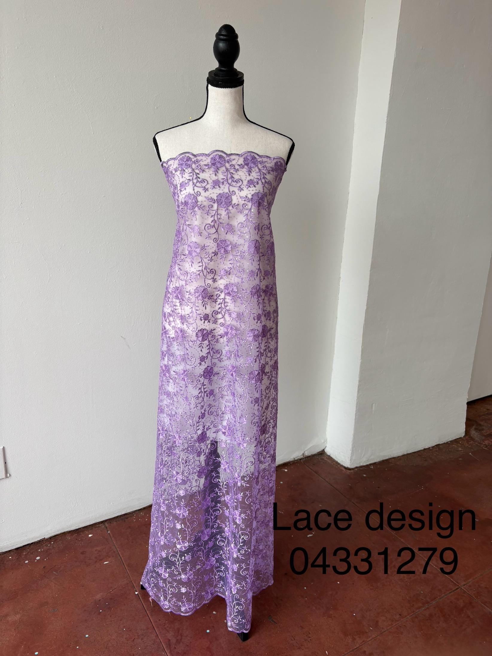 Lilac lace fabric double scalloped embroidery sequence width 49". Design 04331279. shop with confidence ask fro free sample.