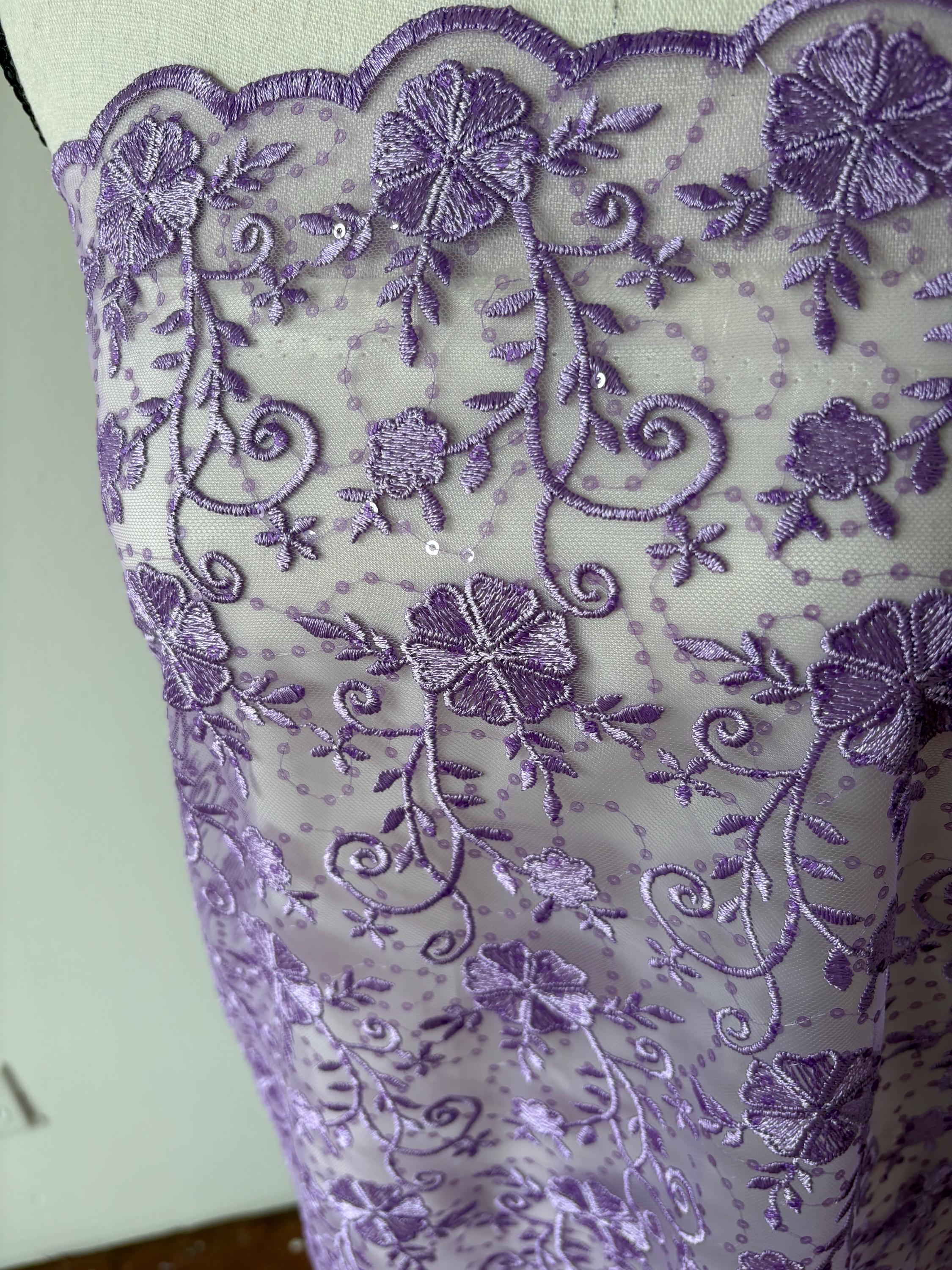 Lilac lace fabric double scalloped embroidery sequence width 49". Design 04331279. shop with confidence ask fro free sample.