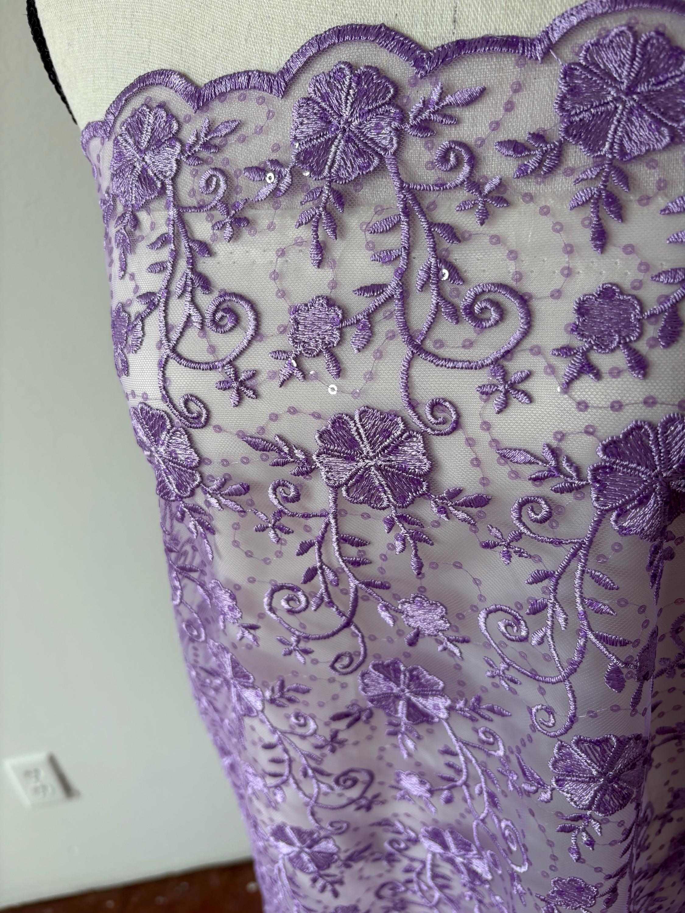 Lilac lace fabric double scalloped embroidery sequence width 49". Design 04331279. shop with confidence ask fro free sample.