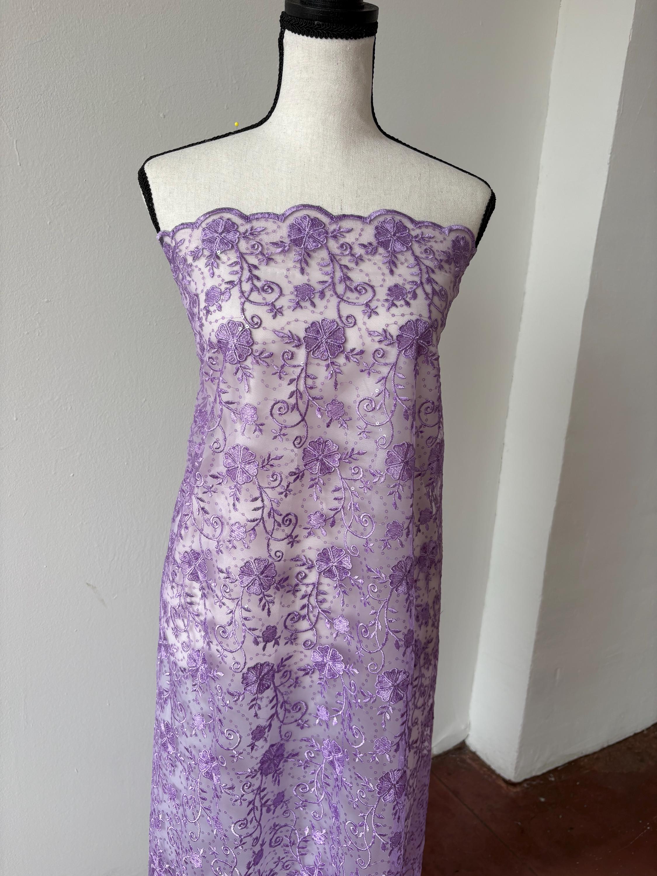 Lilac lace fabric double scalloped embroidery sequence width 49". Design 04331279. shop with confidence ask fro free sample.