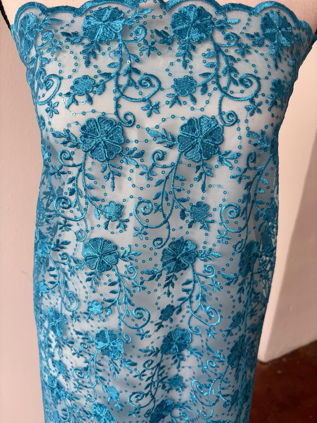Turquoise lace fabric double scalloped embroidery sequence width 49". Design 04331279. shop with confidence ask fro free sample.