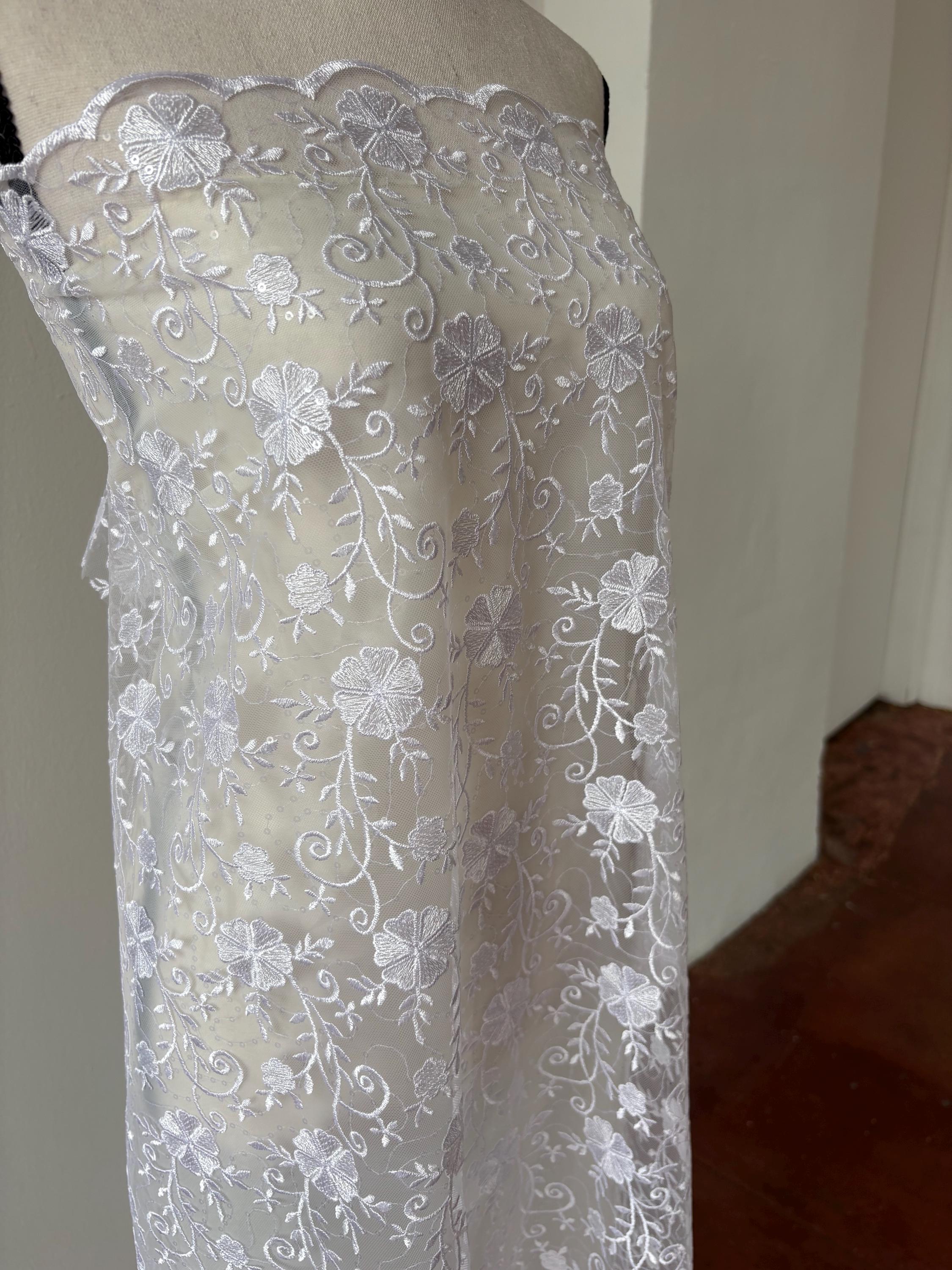 White lace fabric double scalloped embroidery sequence width 49". Design 04331279. shop with confidence ask fro free sample.