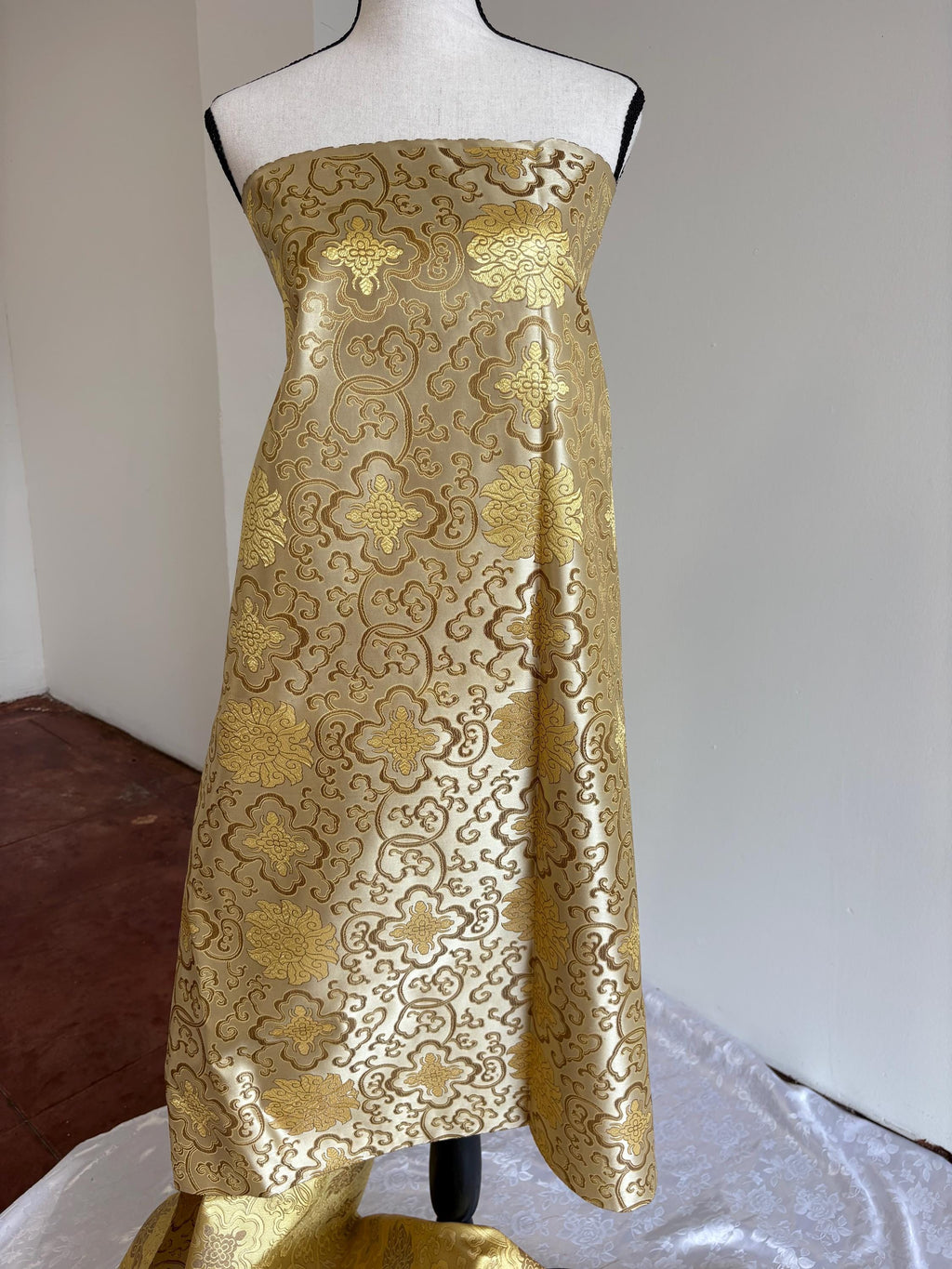 Taupe gold brocade fabric, 36” wide – also known as Asian satin or Oriental Chinese embroidered brocade.