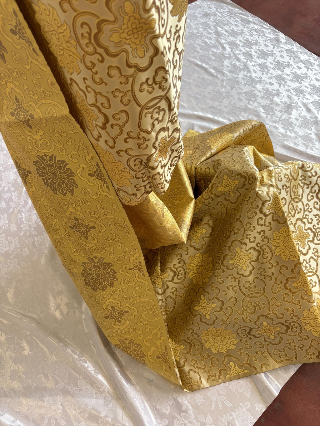 Taupe gold brocade fabric, 36” wide – also known as Asian satin or Oriental Chinese embroidered brocade.