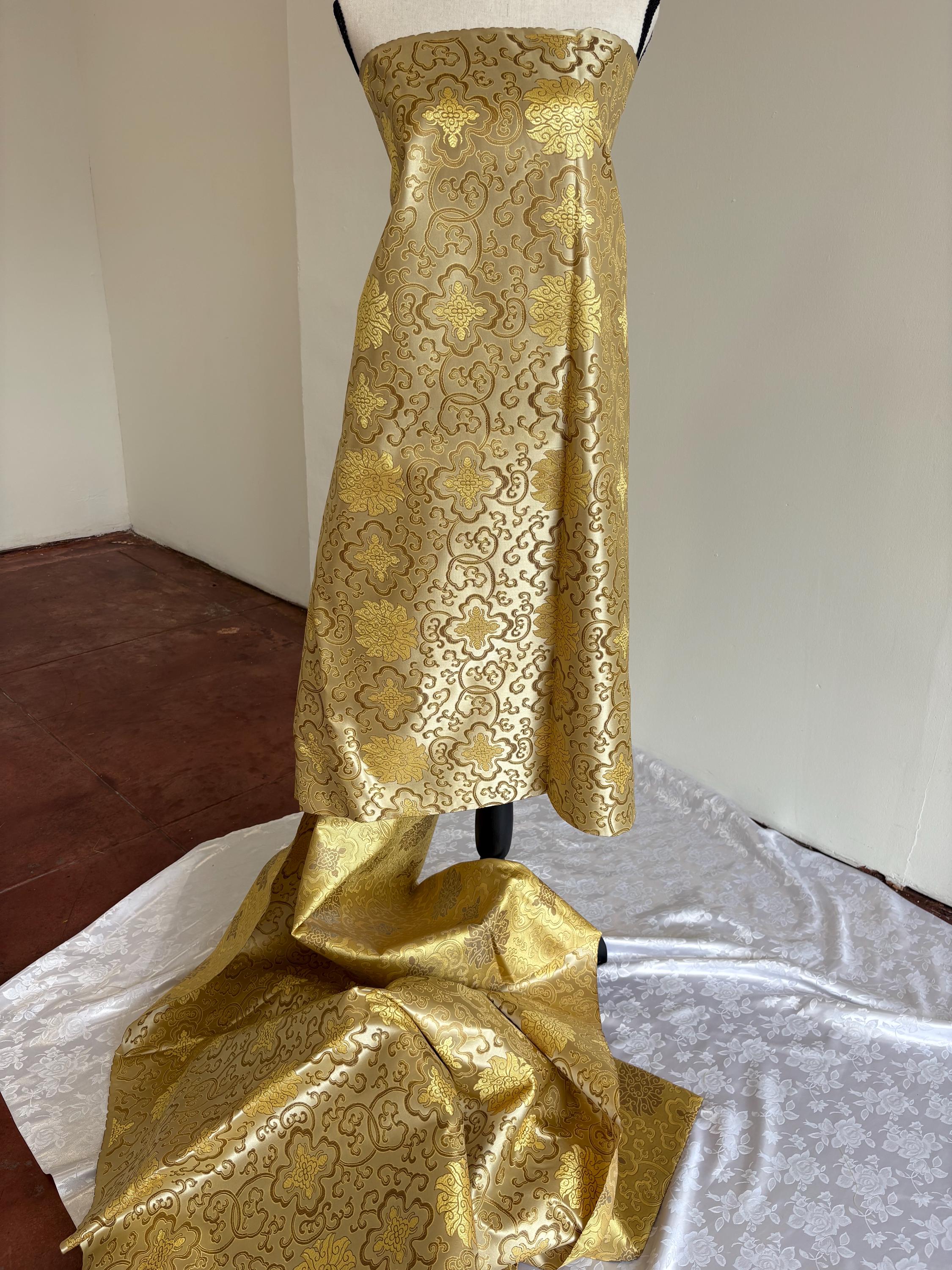 Taupe gold brocade fabric, 36” wide – also known as Asian satin or Oriental Chinese embroidered brocade.