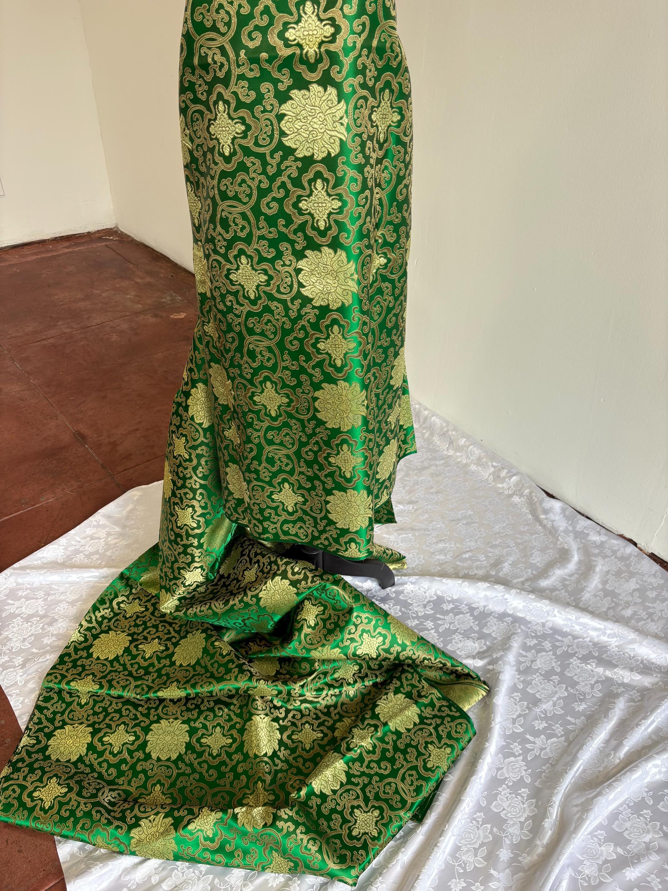 Green brocade fabric, 36” wide – also known as Asian satin or Oriental Chinese embroidered brocade.