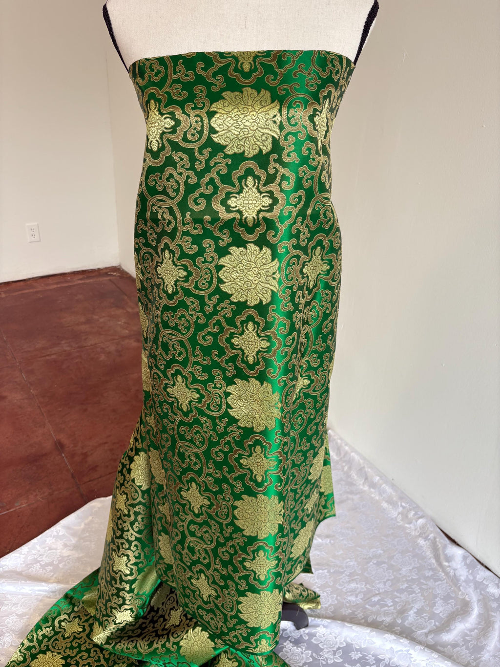 Green brocade fabric, 36” wide – also known as Asian satin or Oriental Chinese embroidered brocade.