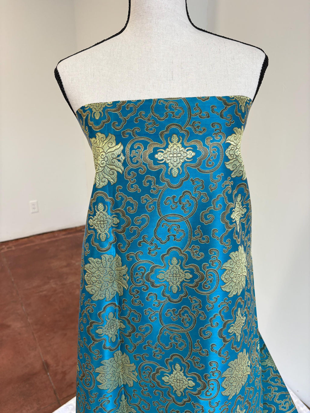 Teal brocade fabric, 36” wide – also known as Asian satin or Oriental Chinese embroidered brocade.