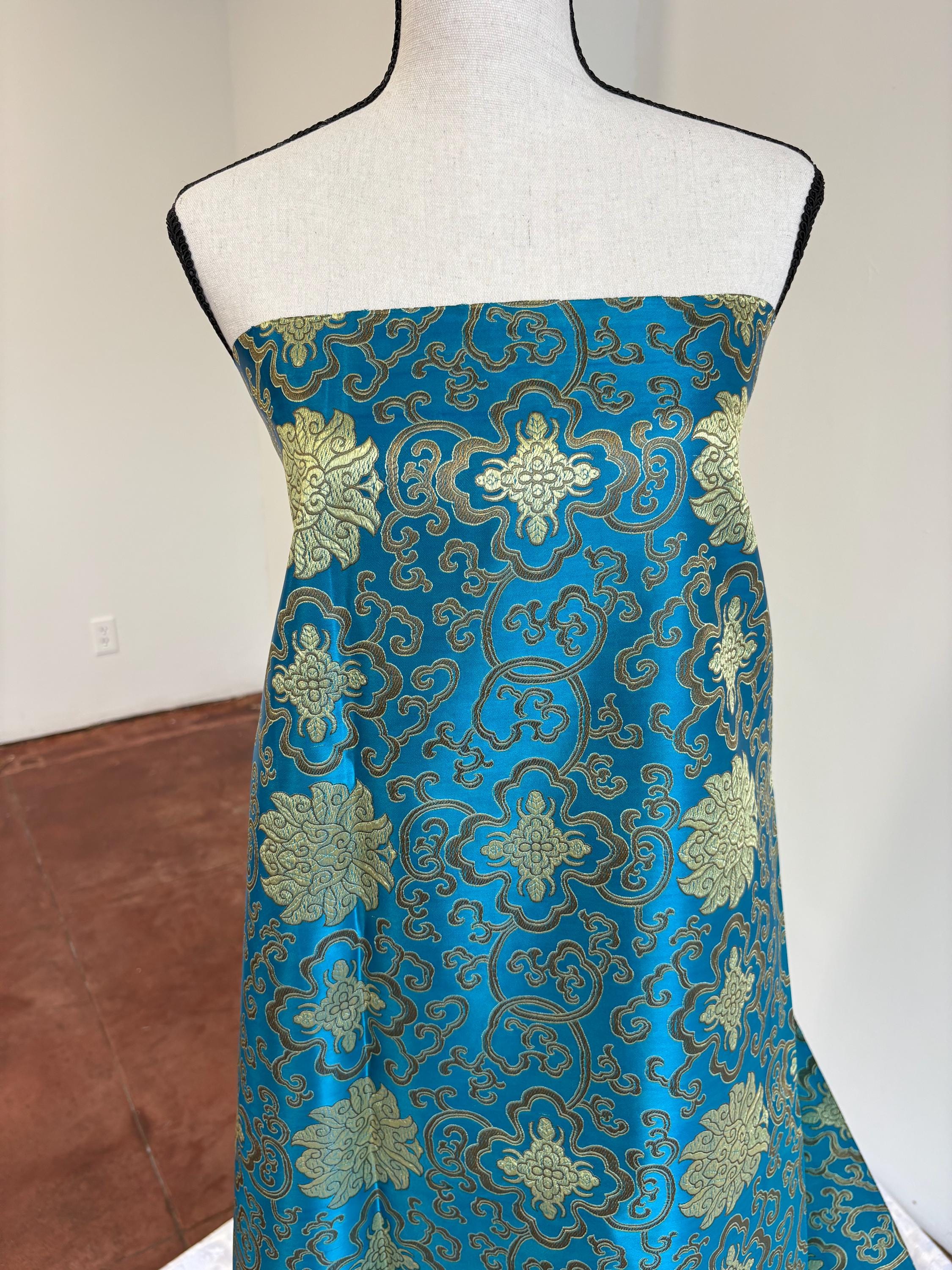 Teal brocade fabric, 36” wide – also known as Asian satin or Oriental Chinese embroidered brocade.