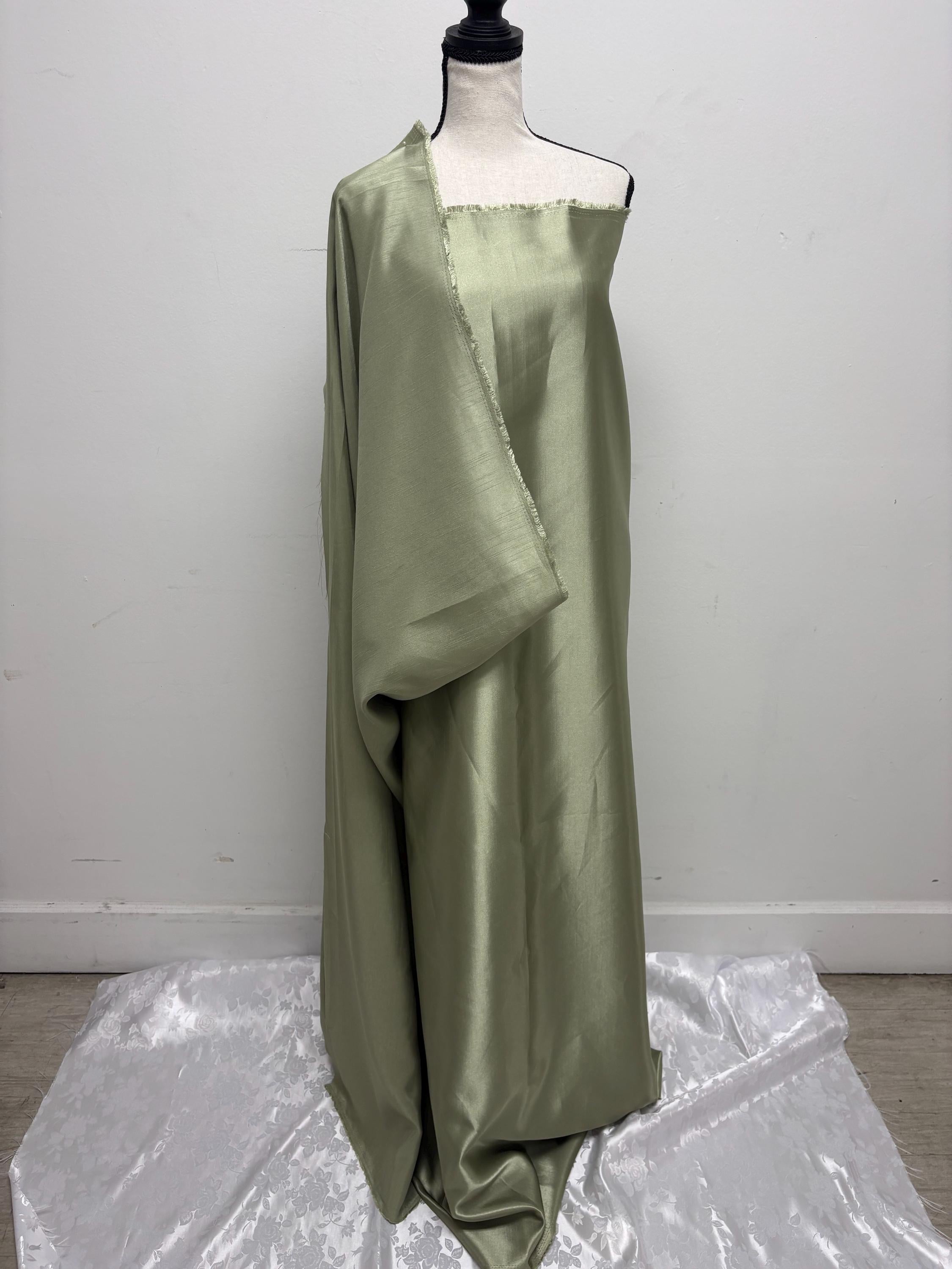 Sage color satin shantung Fabric width 58" polyester double sided dull and shiny.