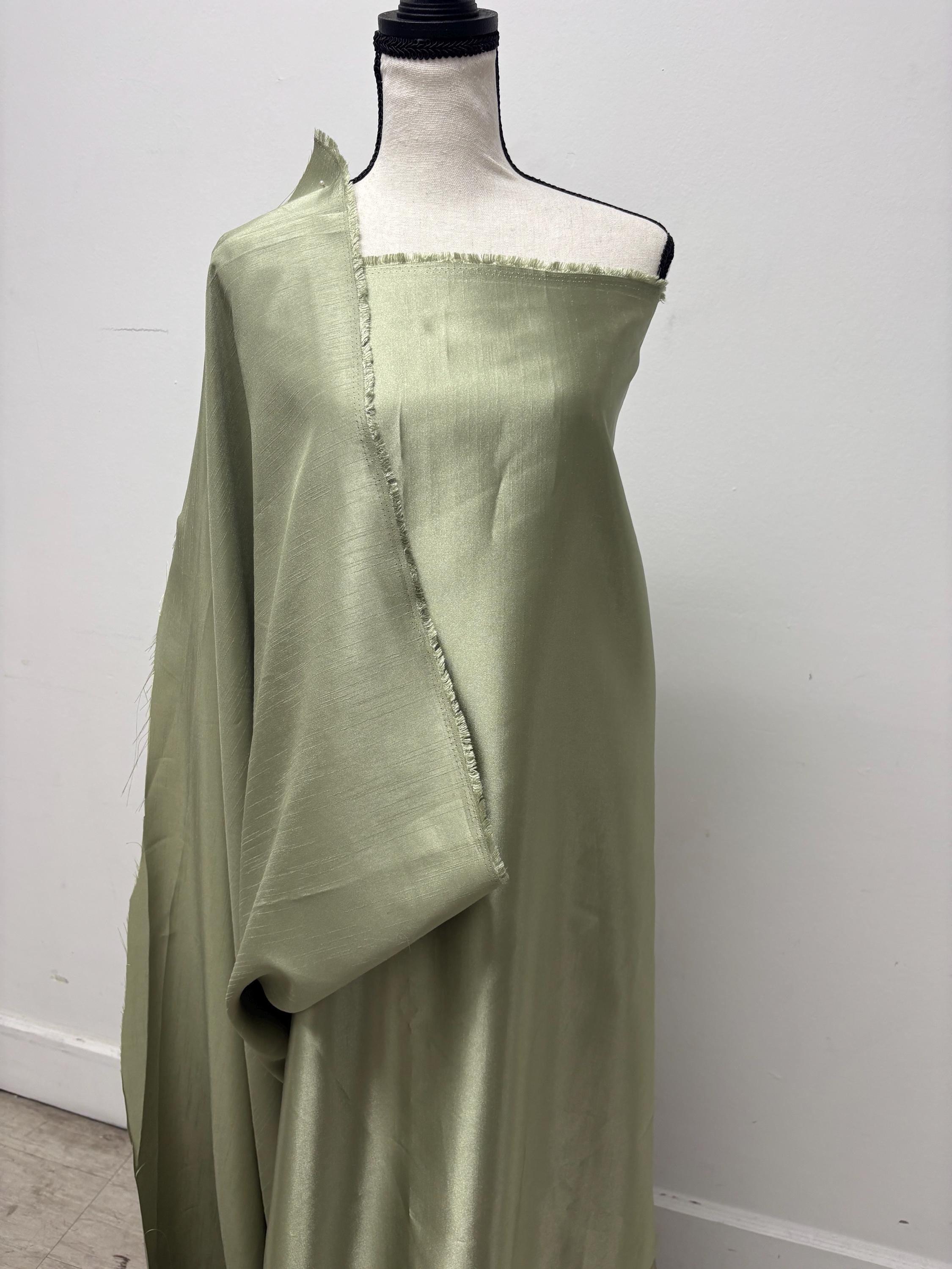 Sage color satin shantung Fabric width 58" polyester double sided dull and shiny.