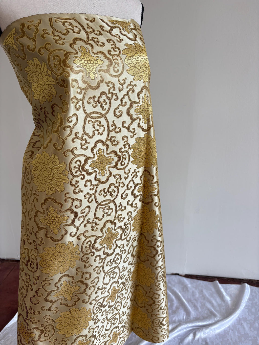 Taupe gold brocade fabric, 36” wide – also known as Asian satin or Oriental Chinese embroidered brocade.