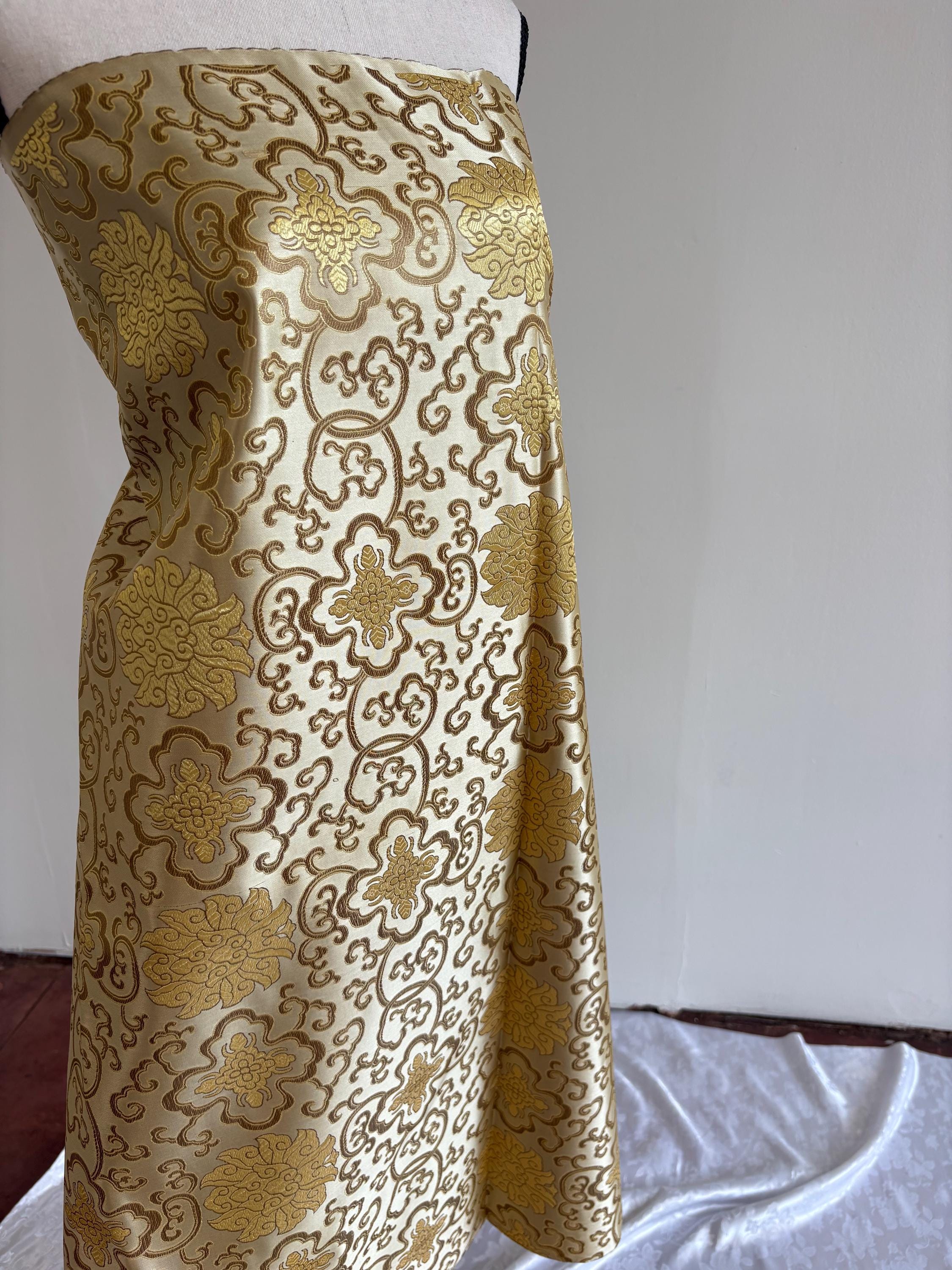 Taupe gold brocade fabric, 36” wide – also known as Asian satin or Oriental Chinese embroidered brocade.