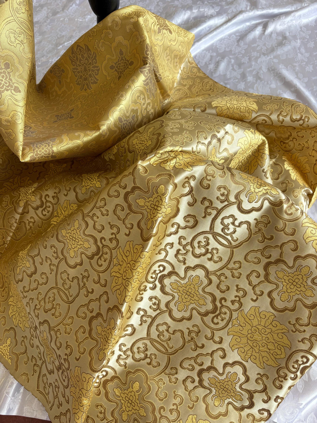 Taupe gold brocade fabric, 36” wide – also known as Asian satin or Oriental Chinese embroidered brocade.
