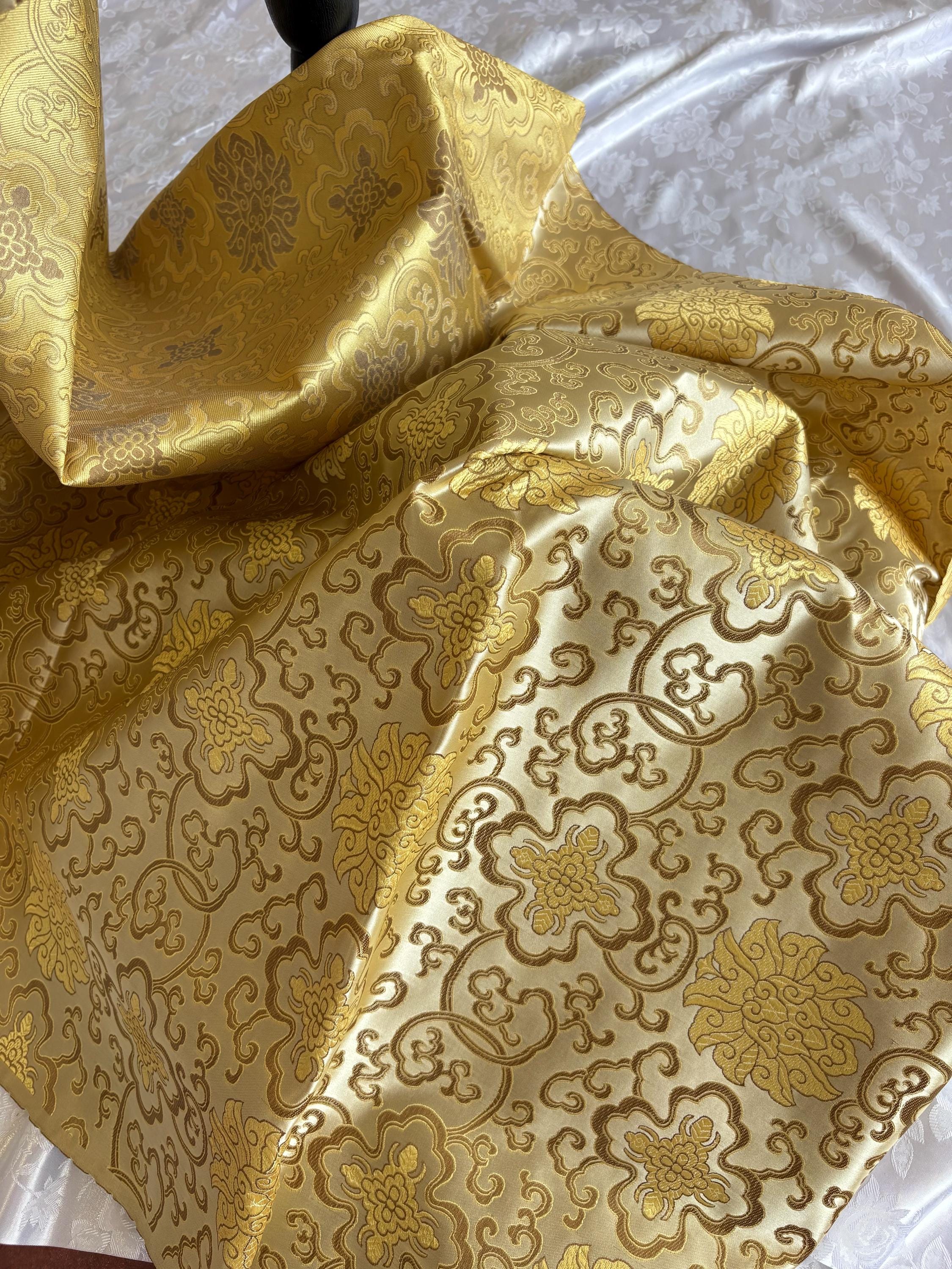 Taupe gold brocade fabric, 36” wide – also known as Asian satin or Oriental Chinese embroidered brocade.