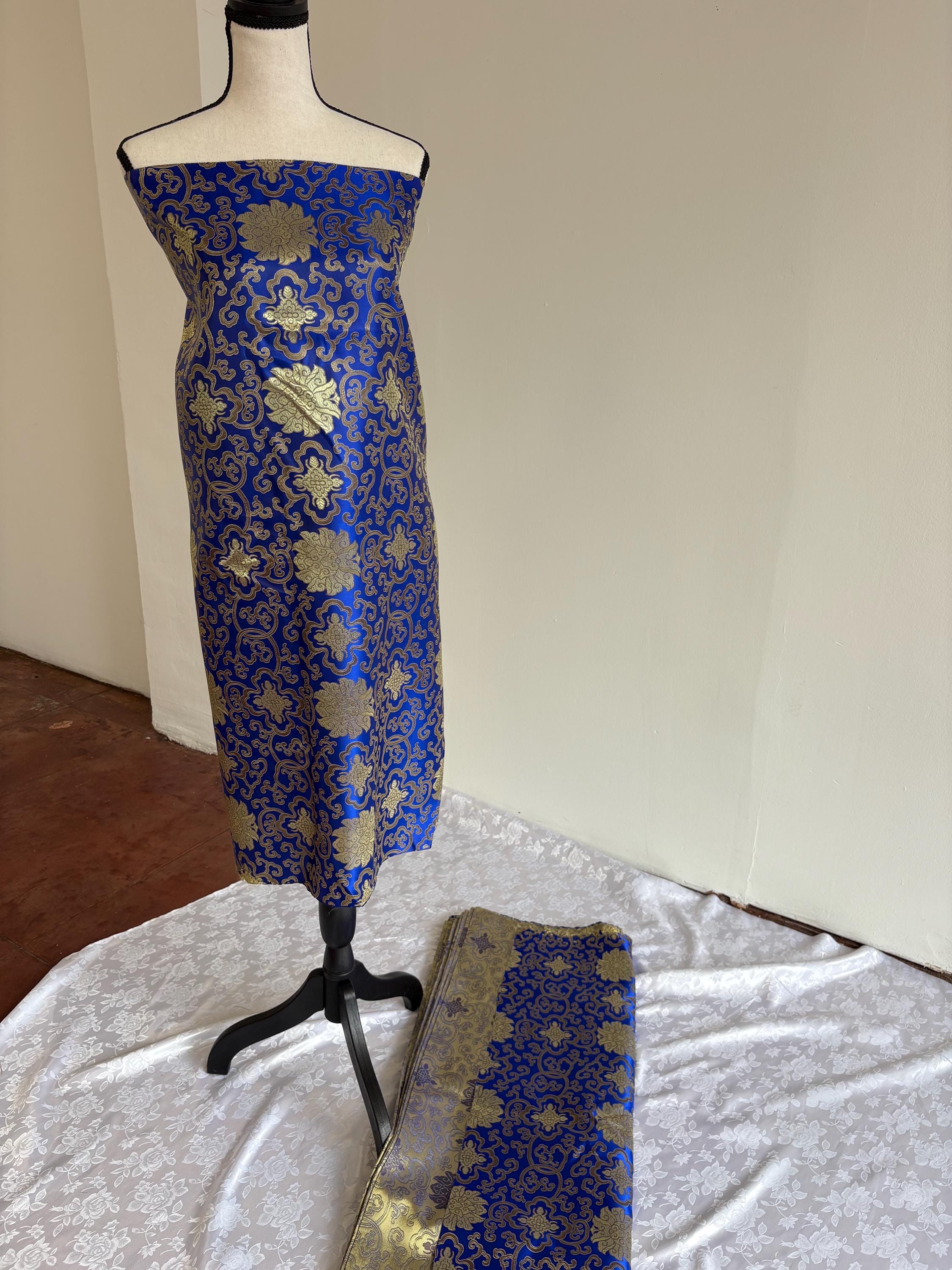 Asian Satin Brocade Fabric - Royal - 36" Width