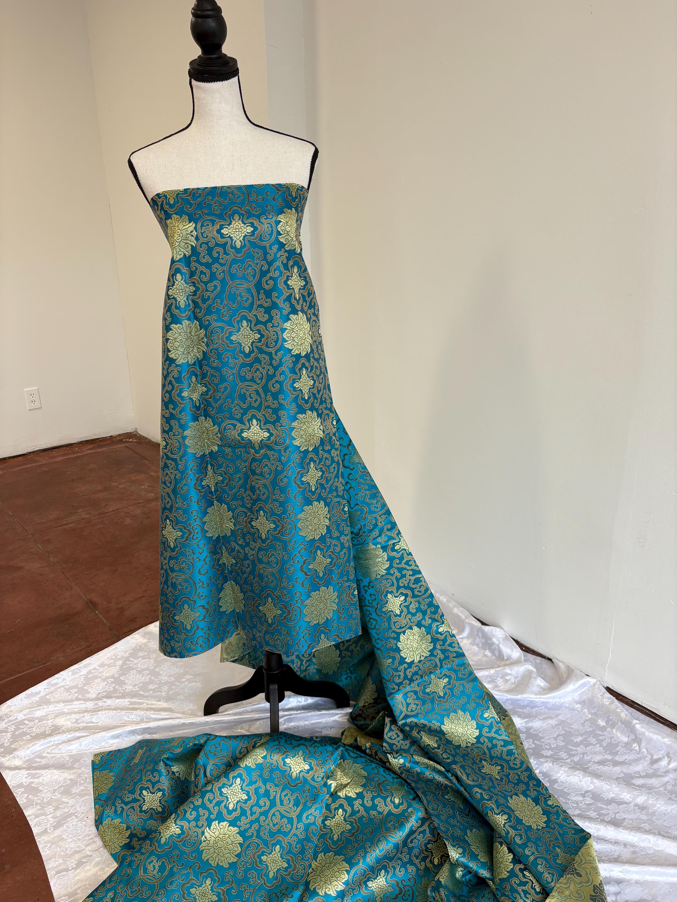Teal brocade fabric, 36” wide – also known as Asian satin or Oriental Chinese embroidered brocade.
