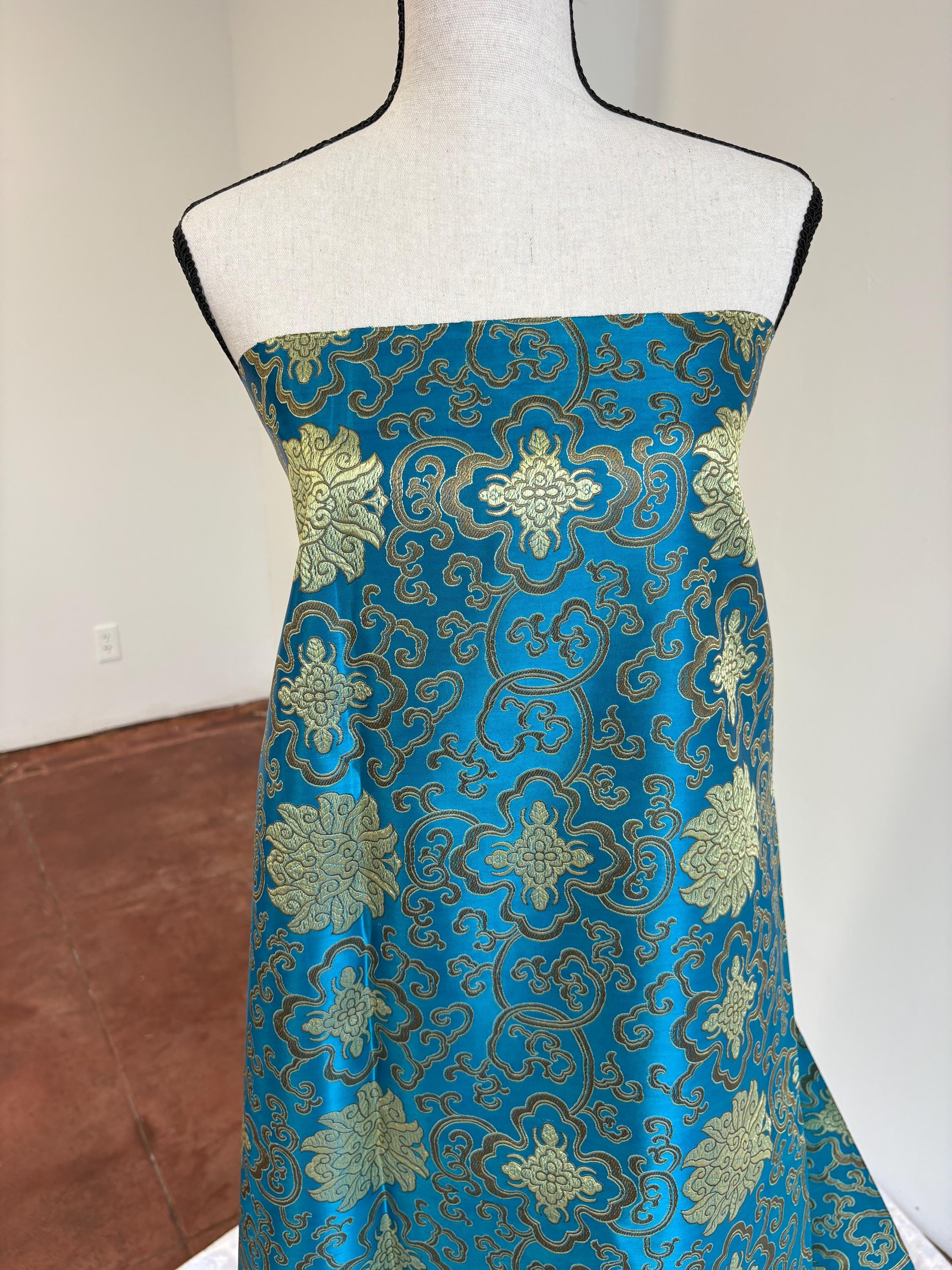 Teal brocade fabric, 36” wide – also known as Asian satin or Oriental Chinese embroidered brocade.
